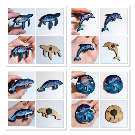 Resin & Wood Seascape Magnets-Sea Creatures