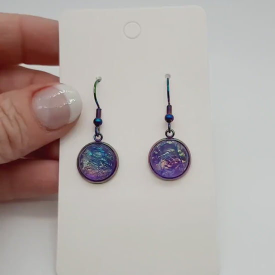 Handcrafted Purple Iridescent Resin Earrings / Made with Hypoallergenic Rainbow Chromium Stainless Steel Ear Wire Fish Hooks