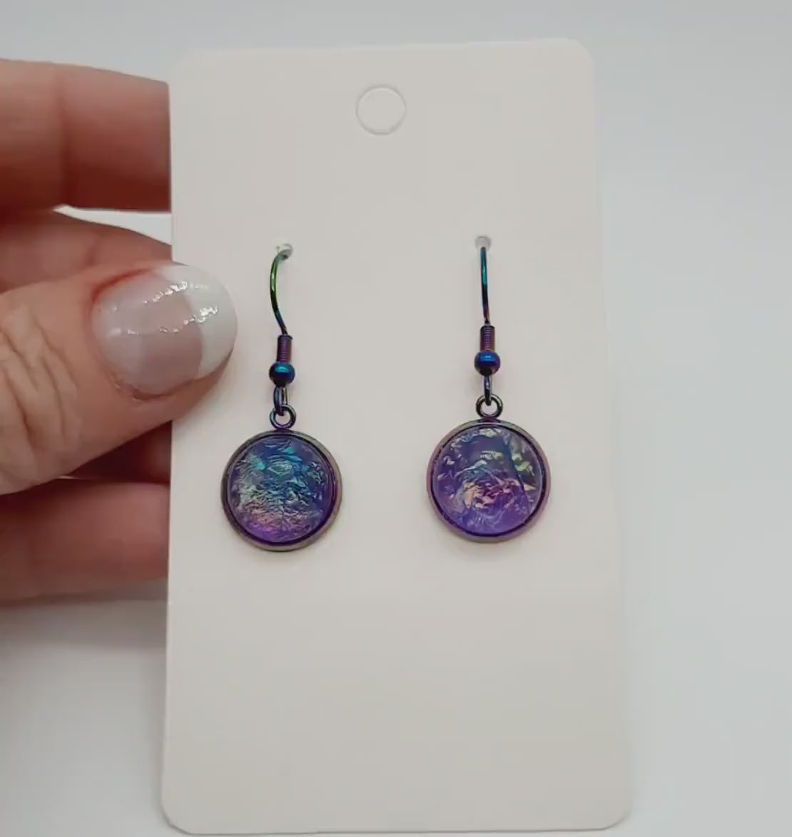 Handcrafted Purple Iridescent Resin Earrings / Made with Hypoallergenic Rainbow Chromium Stainless Steel Ear Wire Fish Hooks