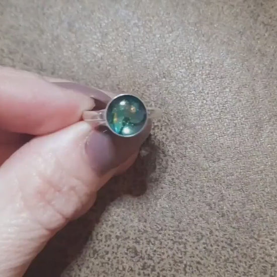 Handmade / Handcrafted 925 Sterling Silver Natural Abalone / Paua Seashell Ring, Sealed with Holographic Mica Infused Resin