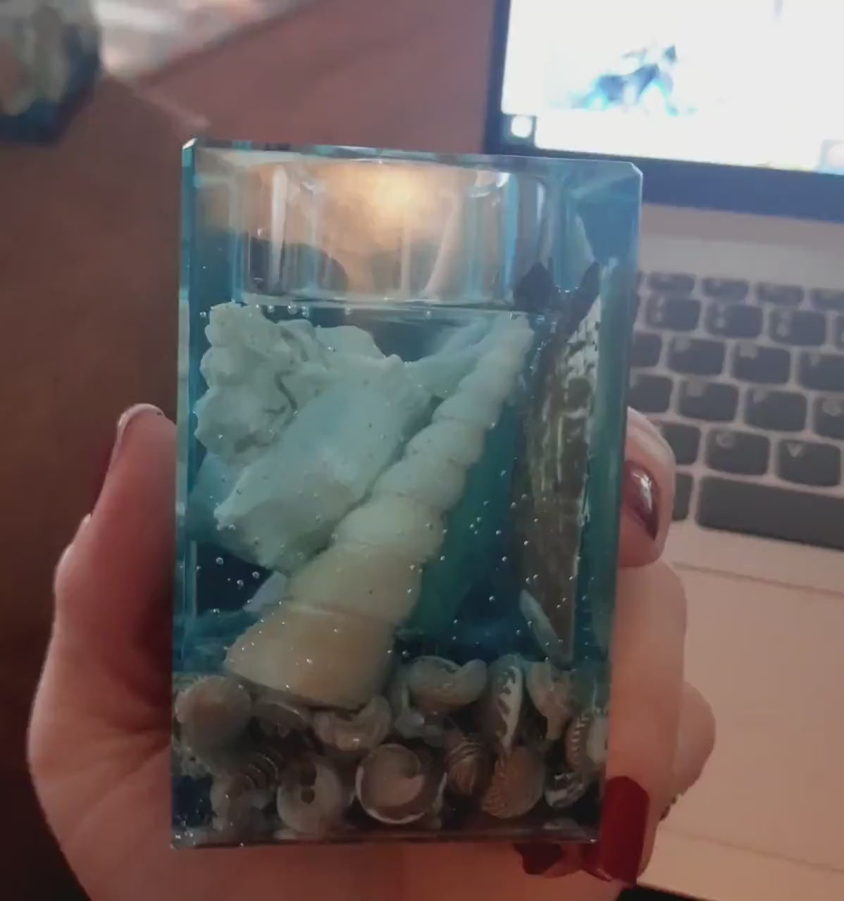 Ocean Themed Square Candle Holder Made with Eco-Friendly Epoxy Resin & Seashells - Includes Choice of Real SCENTED Tealight or LED Tealight