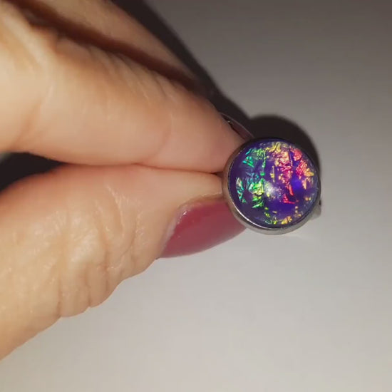 Handcrafted / Handmade Iridescent Purple Glass Cabochon Stone, Hypoallergenic Silver Stainless Steel Cuff Finger Ring, Size 7