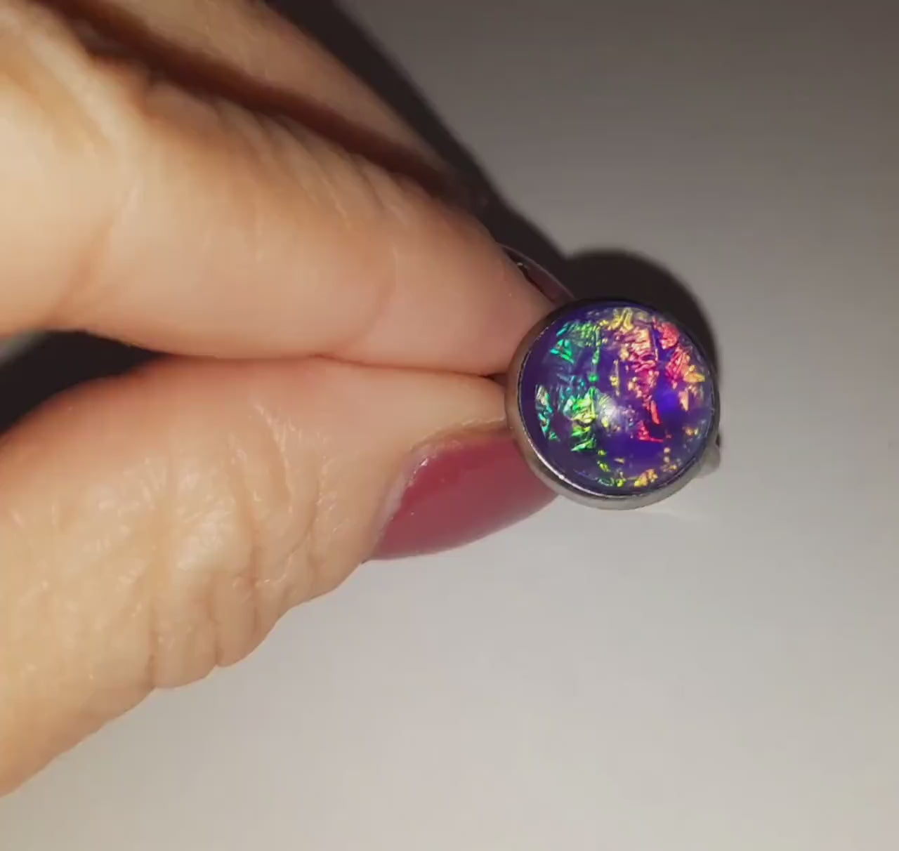 Handcrafted / Handmade Iridescent Purple Glass Cabochon Stone, Hypoallergenic Silver Stainless Steel Cuff Finger Ring, Size 7