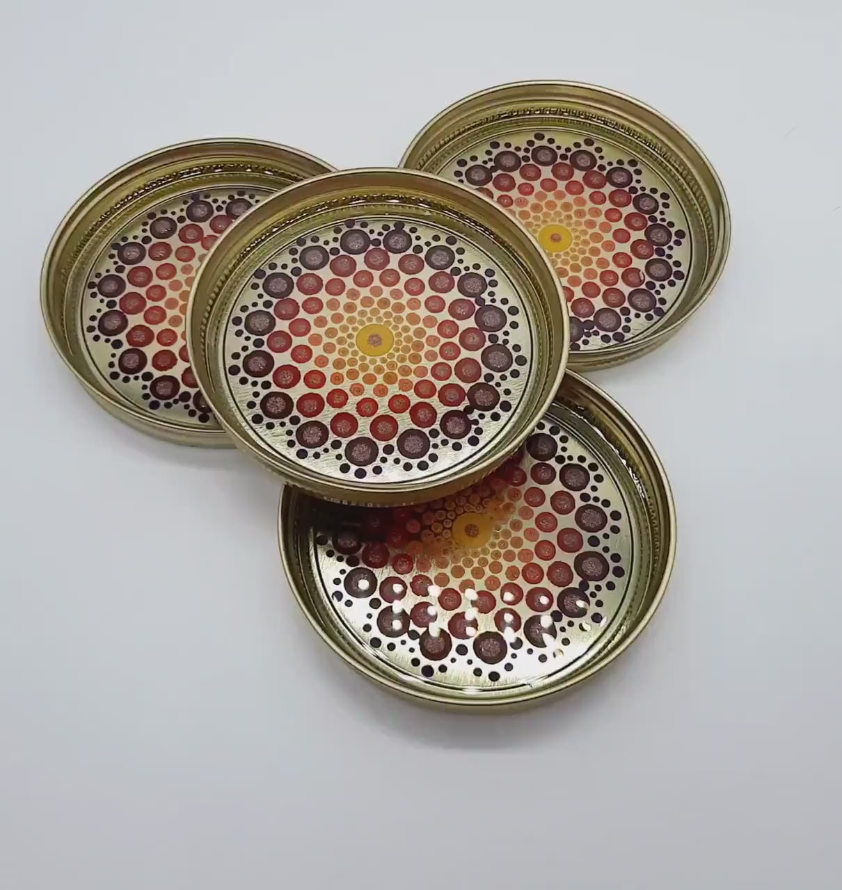 Eco-Friendly Dot Mandala Mason Jar Lid Coasters (Set of 4), Hand-painted, One of a Kind, Sealed with Resin