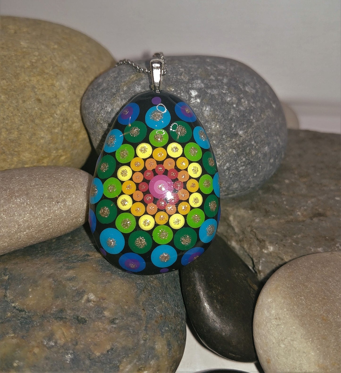 Handpainted Rainbow Dot Mandala Necklace, Stone / Rock Pendant, Sealed w/ Resin, Hypoallergenic Stainless Steel Chain, Lobster Claw Closure