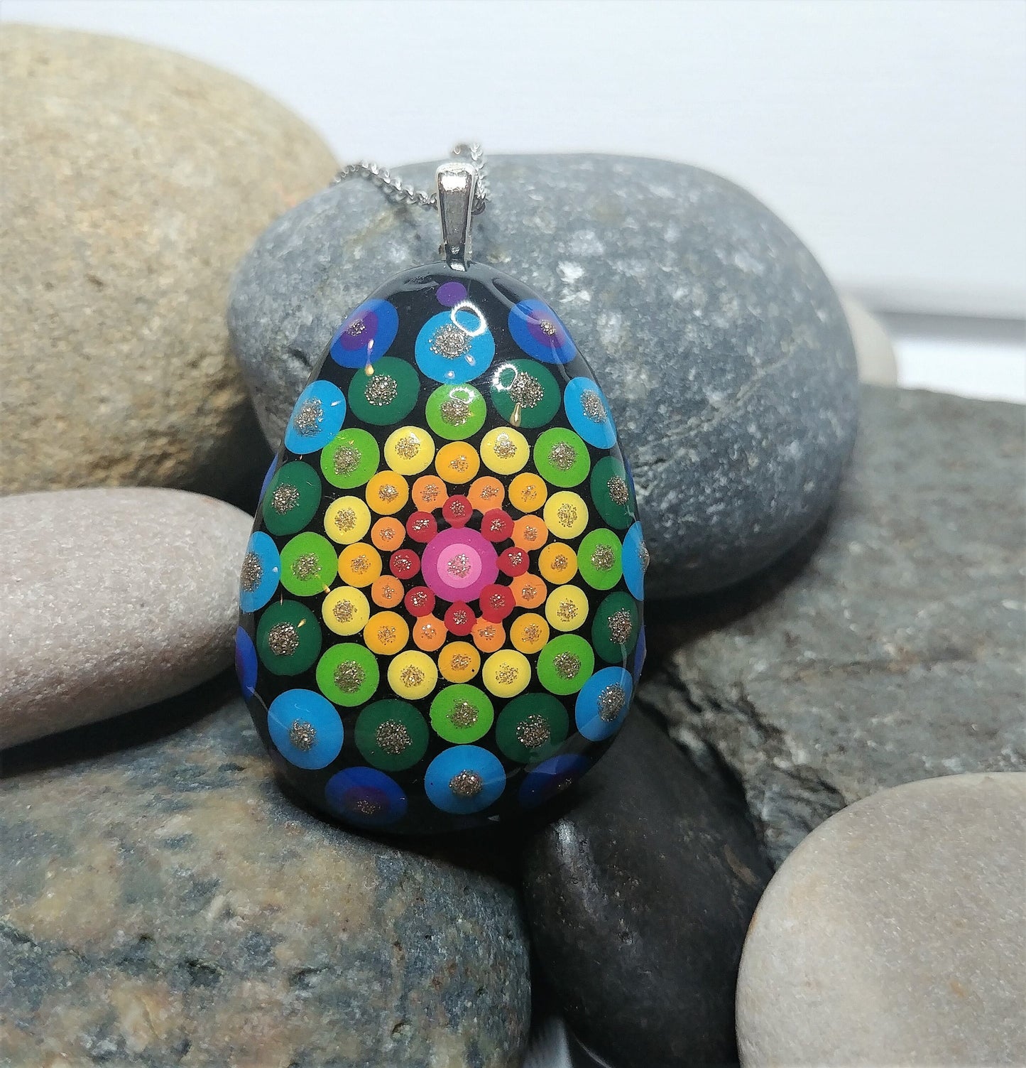 Handpainted Rainbow Dot Mandala Necklace, Stone / Rock Pendant, Sealed w/ Resin, Hypoallergenic Stainless Steel Chain, Lobster Claw Closure