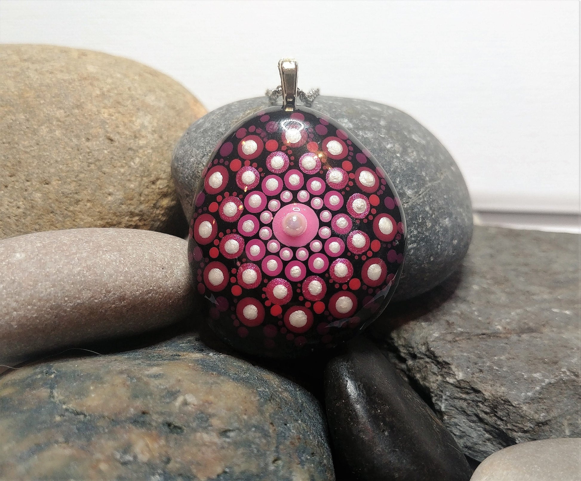 Handpainted Pink / Red Mandala Necklace, Stone / Rock Pendant, Sealed w/ Resin, Hypoallergenic Stainless Steel Chain, Lobster Claw Closure