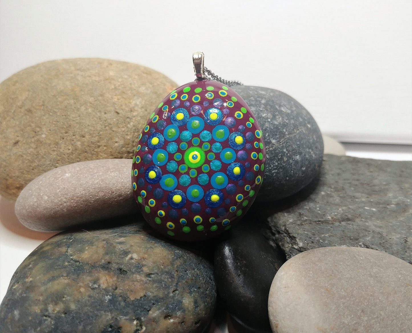 Handpainted Blue / Green Mandala Necklace, Stone / Rock Pendant, Sealed w/ Resin, Hypoallergenic Stainless Steel Chain, Lobster Claw Closure