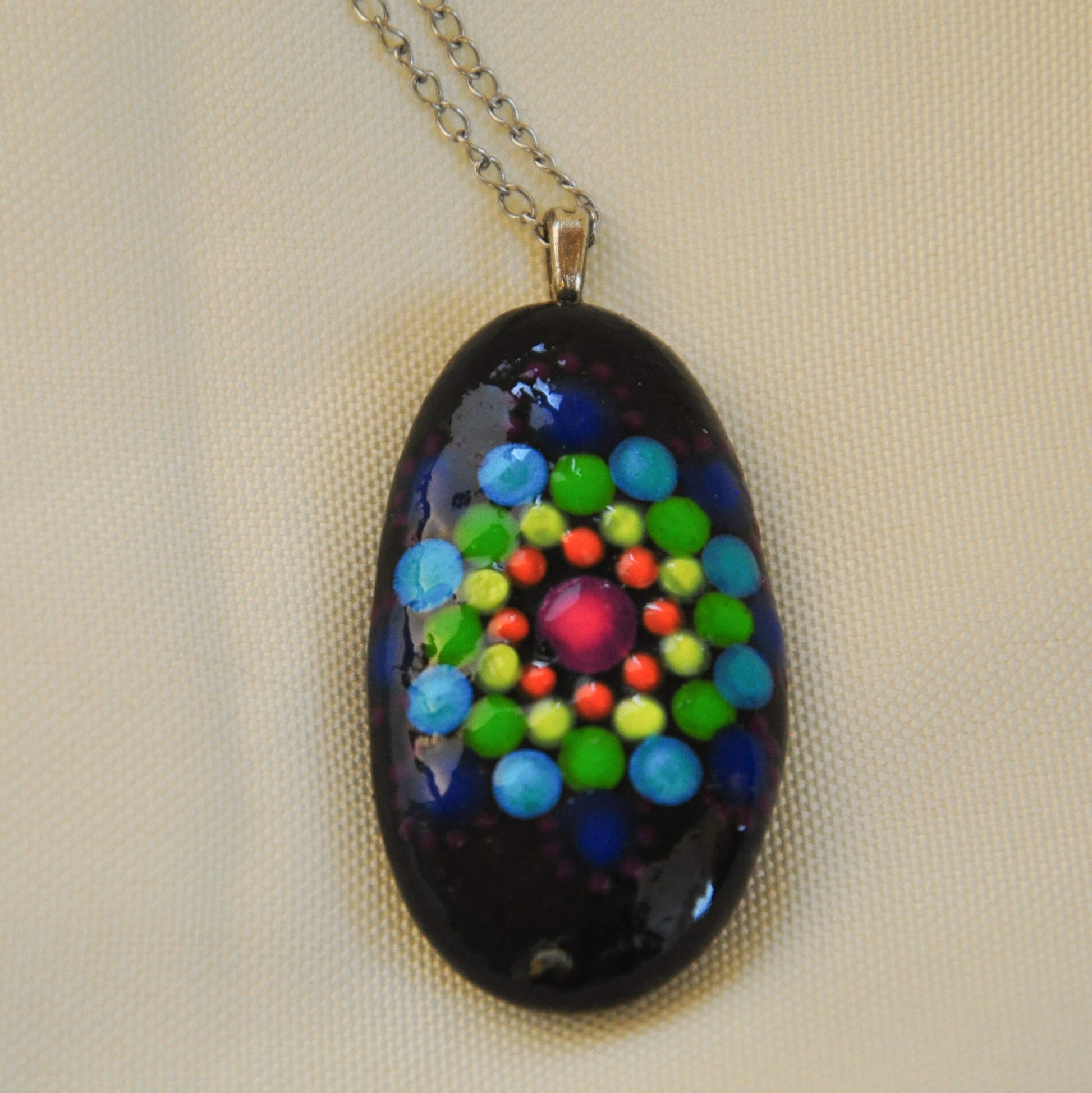 Handpainted Rainbow Dot Mandala Necklace, Stone / Rock Pendant, Sealed w/ Resin, Hypoallergenic Stainless Steel Chain, Lobster Claw Closure