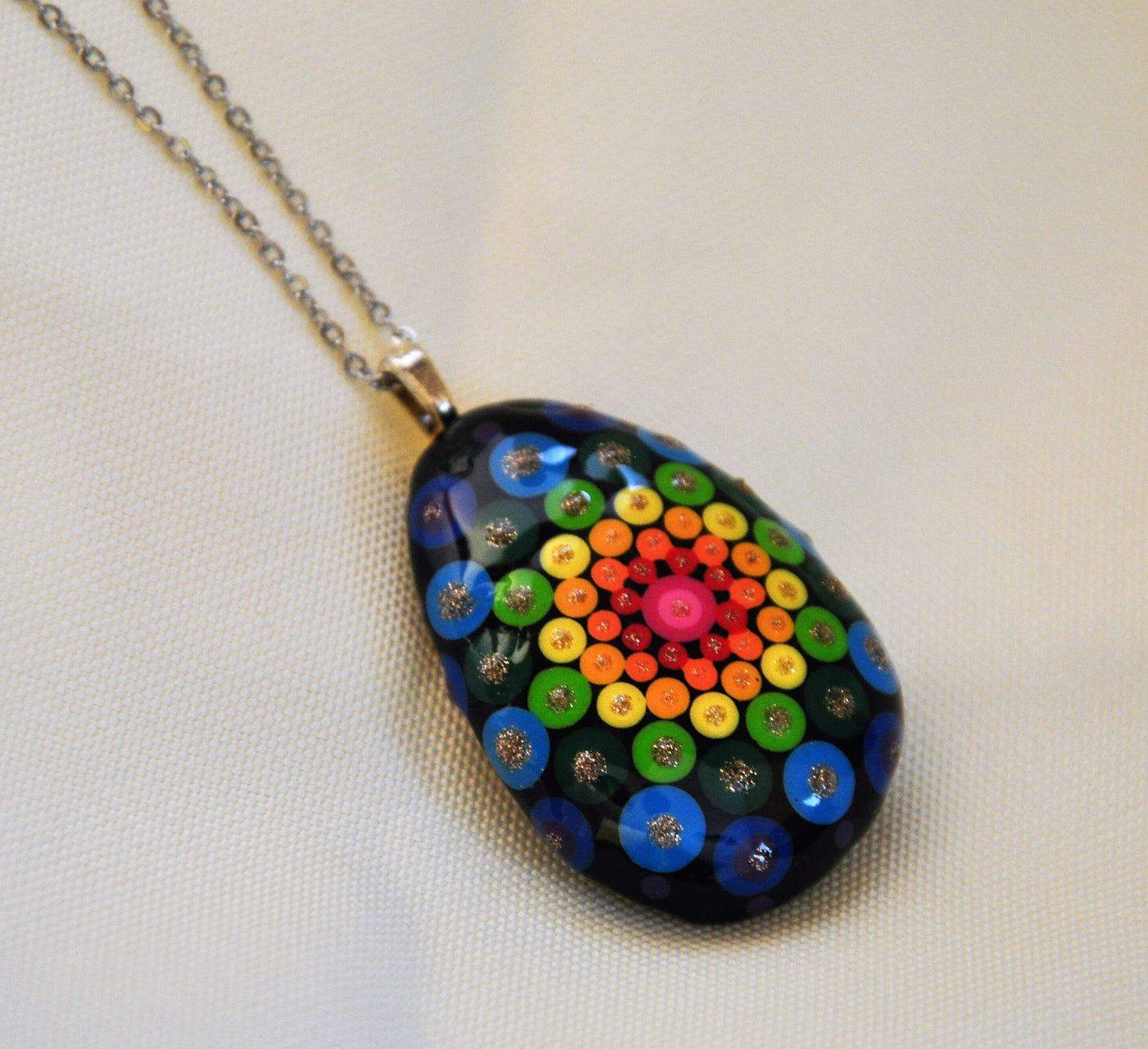 Handpainted Rainbow Dot Mandala Necklace, Stone / Rock Pendant, Sealed w/ Resin, Hypoallergenic Stainless Steel Chain, Lobster Claw Closure