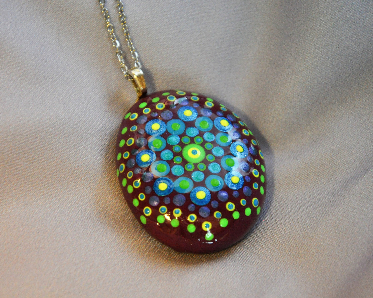 Handpainted Blue / Green Mandala Necklace, Stone / Rock Pendant, Sealed w/ Resin, Hypoallergenic Stainless Steel Chain, Lobster Claw Closure