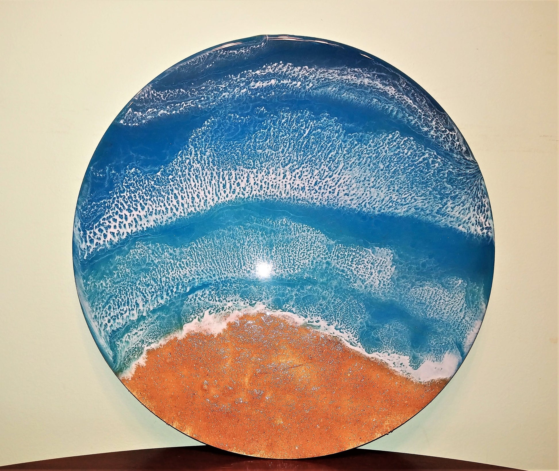 Handpainted Eco-Friendly Epoxy Resin Seascape Coastal Beach Scene, Deep, Dark Waves, Made with Real Sand, Painted on 12" Round Wood Panel