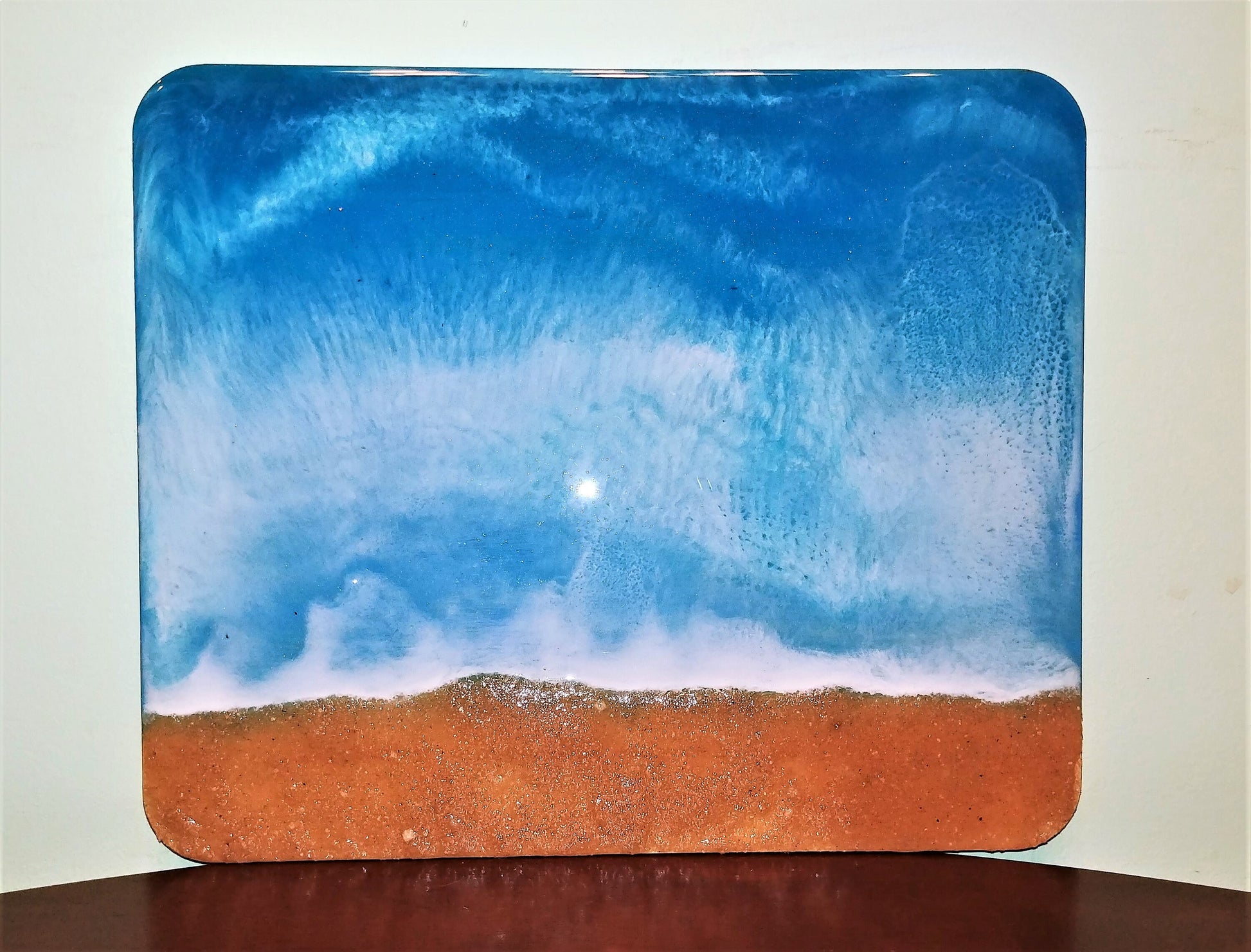 Handpainted Eco-Friendly Epoxy Resin Seascape Coastal Beach Scene, Soft Caribbean Waves, Painted on 10" x 12" Wood Panel