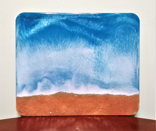 Handpainted Eco-Friendly Epoxy Resin Seascape Coastal Beach Scene, Soft Caribbean Waves, Painted on 10" x 12" Wood Panel