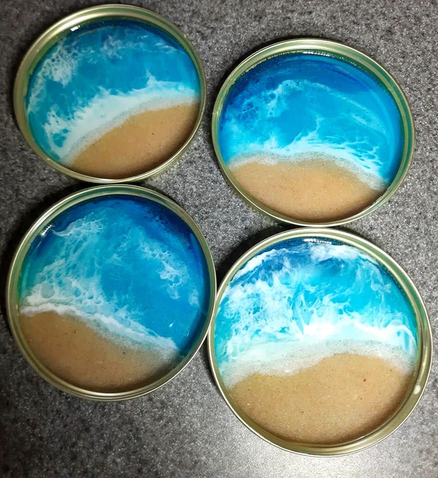 Eco-Friendly Resin Seascape Mason Jar Lid Coasters (Set of 4), Ocean Coasters, Beach Coasters, Made with Real Sand