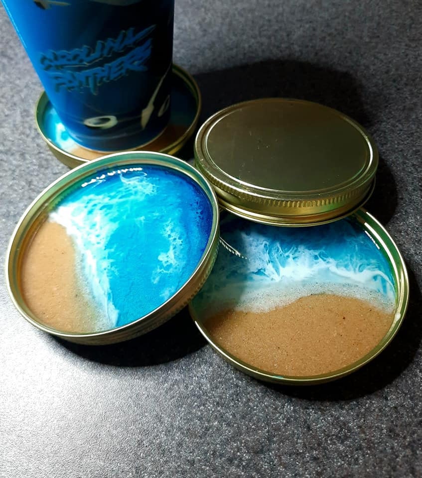 Eco-Friendly Resin Seascape Mason Jar Lid Coasters (Set of 4), Ocean Coasters, Beach Coasters, Made with Real Sand