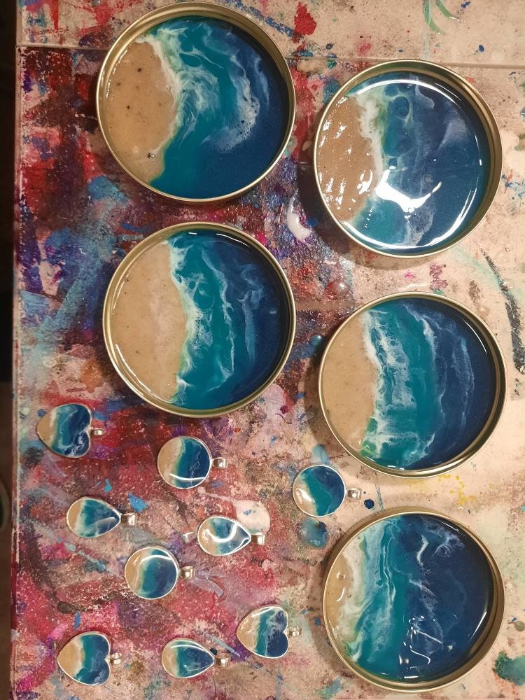 Eco-Friendly Resin Seascape Mason Jar Lid Coasters (Set of 4), Ocean Coasters, Beach Coasters, Made with Real Sand