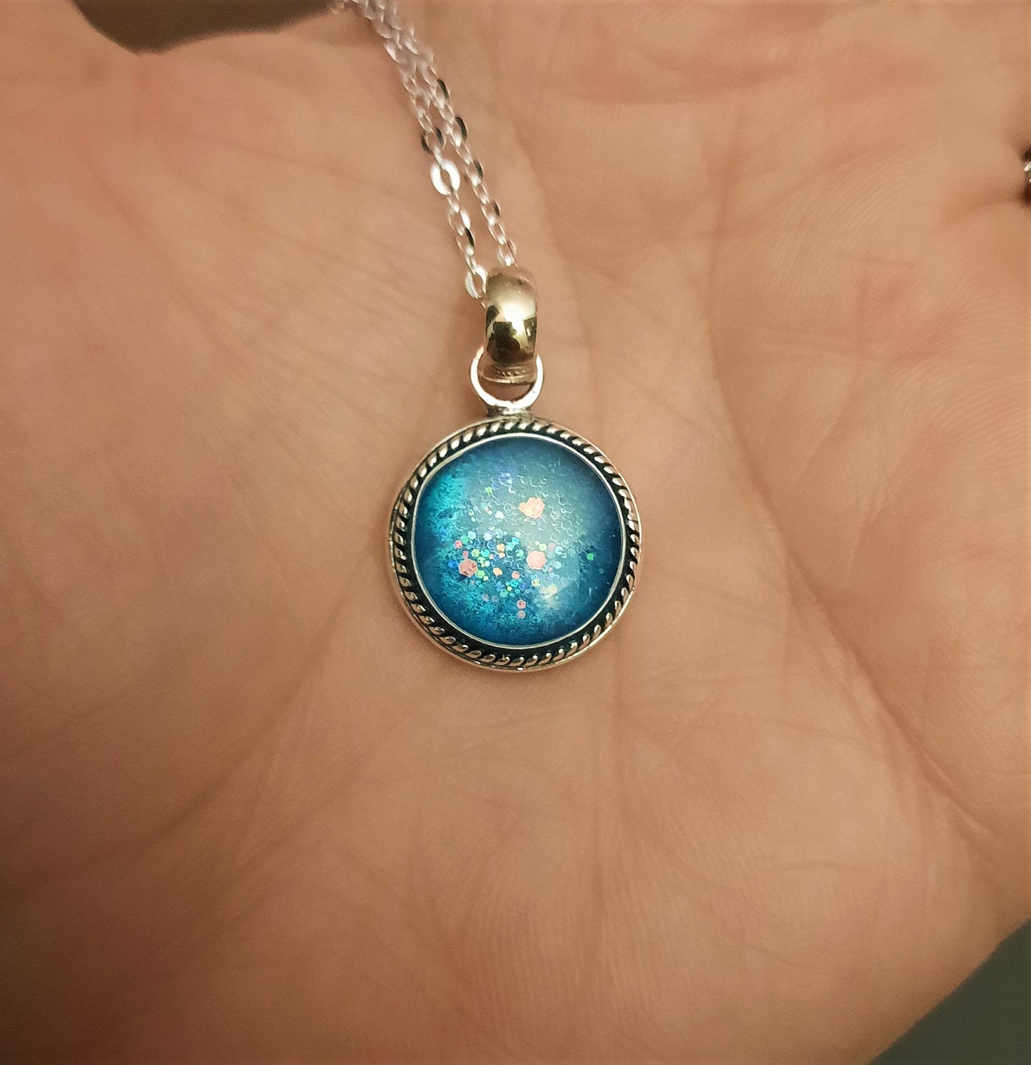 Handmade Teal Blue Sparkle Resin Pendant Necklace / Made with Resin, Mica, Glitter, Holographic Powder and 925 Sterling Silver