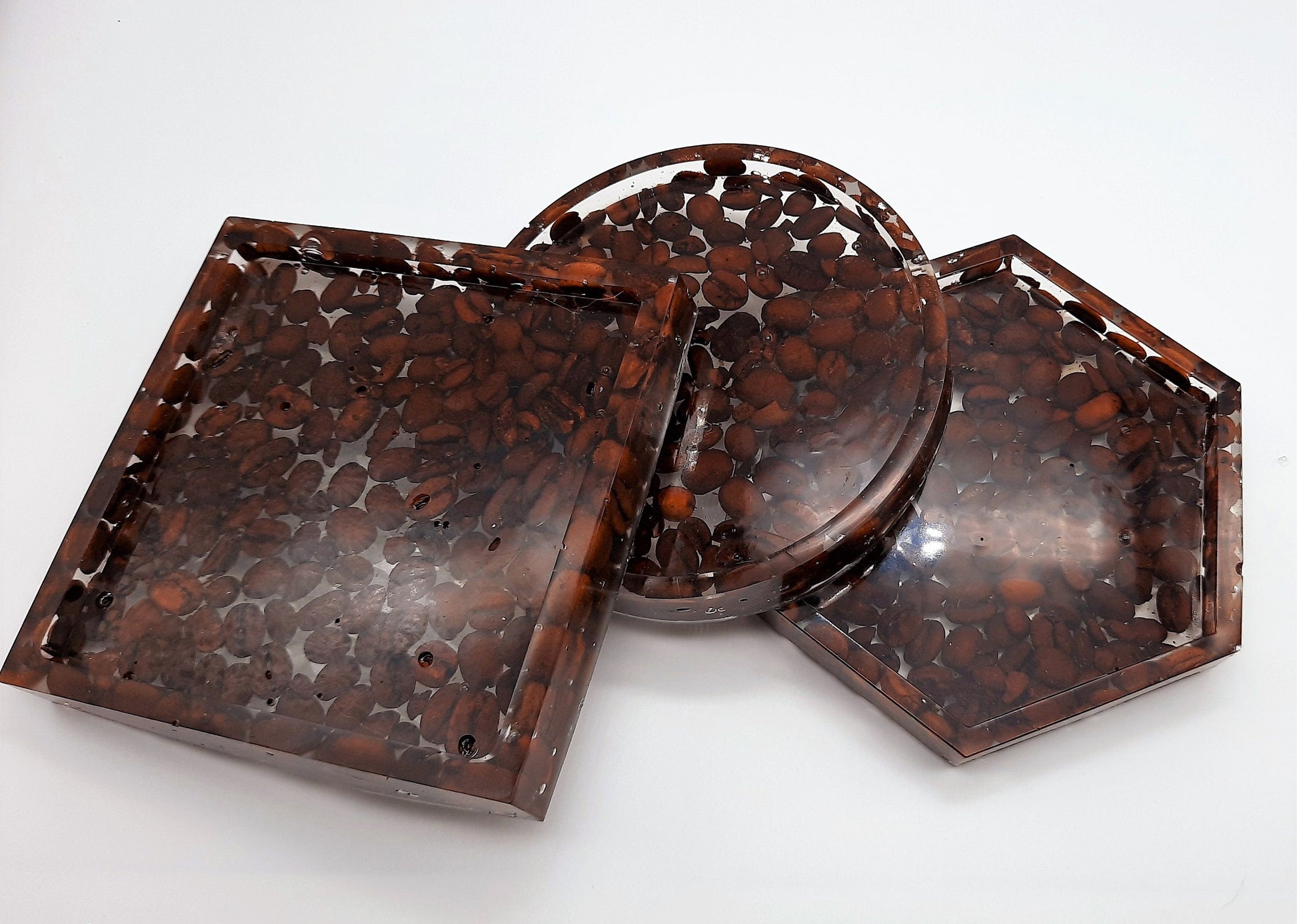 Eco-Friendly Resin Casted Coasters (Set of 4), Made w/ Real Coffee Beans, Hexagon, Square, or Round, Handmade & Great for Coffee Lovers