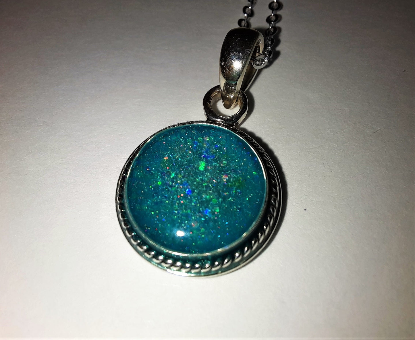 Handmade Teal Blue Sparkle Resin Pendant Necklace / Made with Resin, Mica, Glitter, Holographic Powder and 925 Sterling Silver