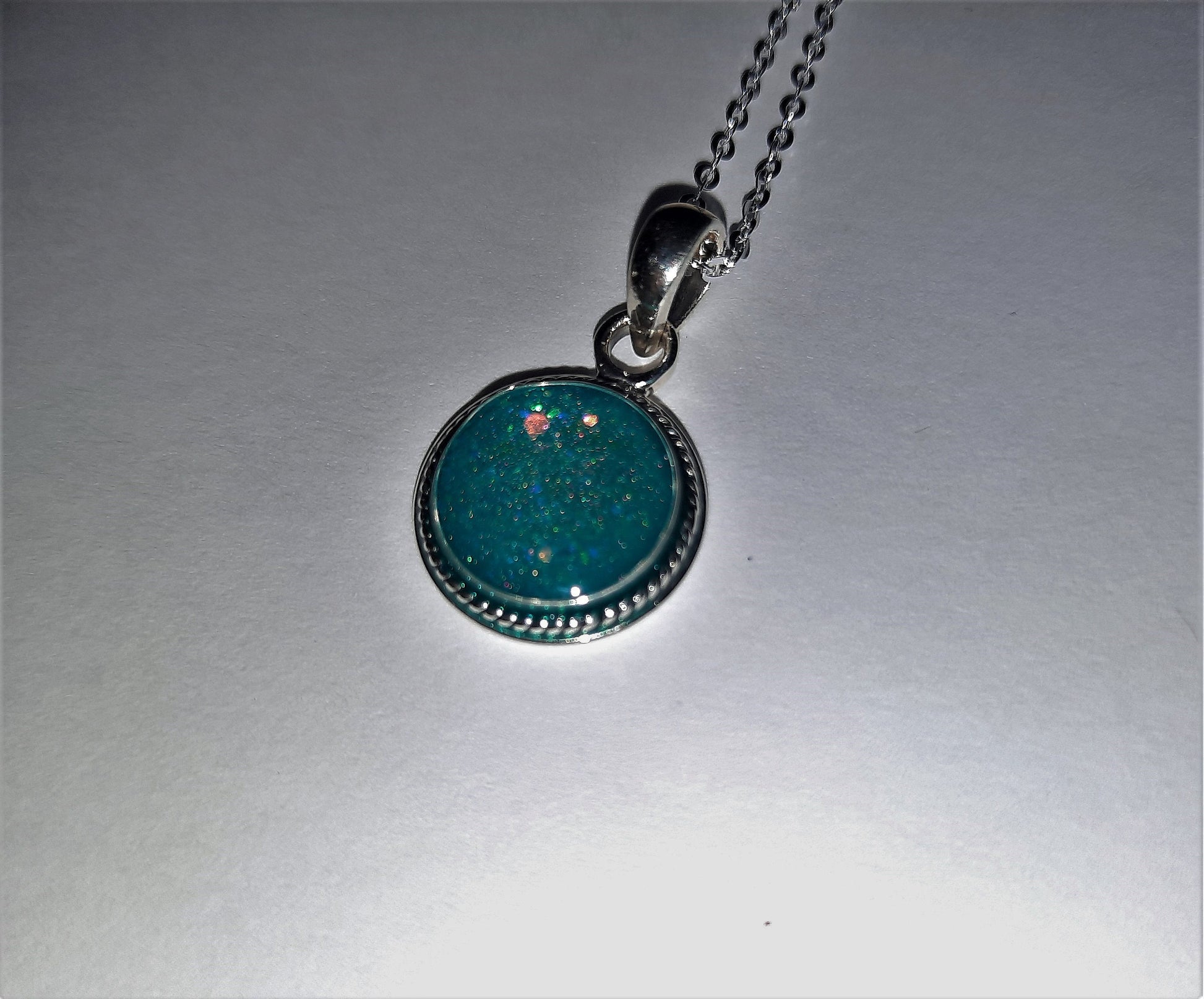 Handmade Teal Blue Sparkle Resin Pendant Necklace / Made with Resin, Mica, Glitter, Holographic Powder and 925 Sterling Silver