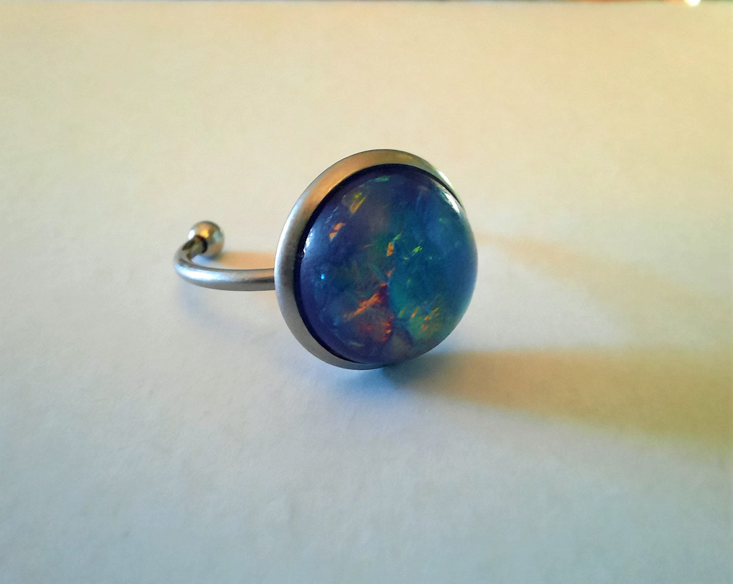 Handcrafted / Handmade Iridescent Purple Glass Cabochon Stone, Hypoallergenic Silver Stainless Steel Cuff Finger Ring, Size 7