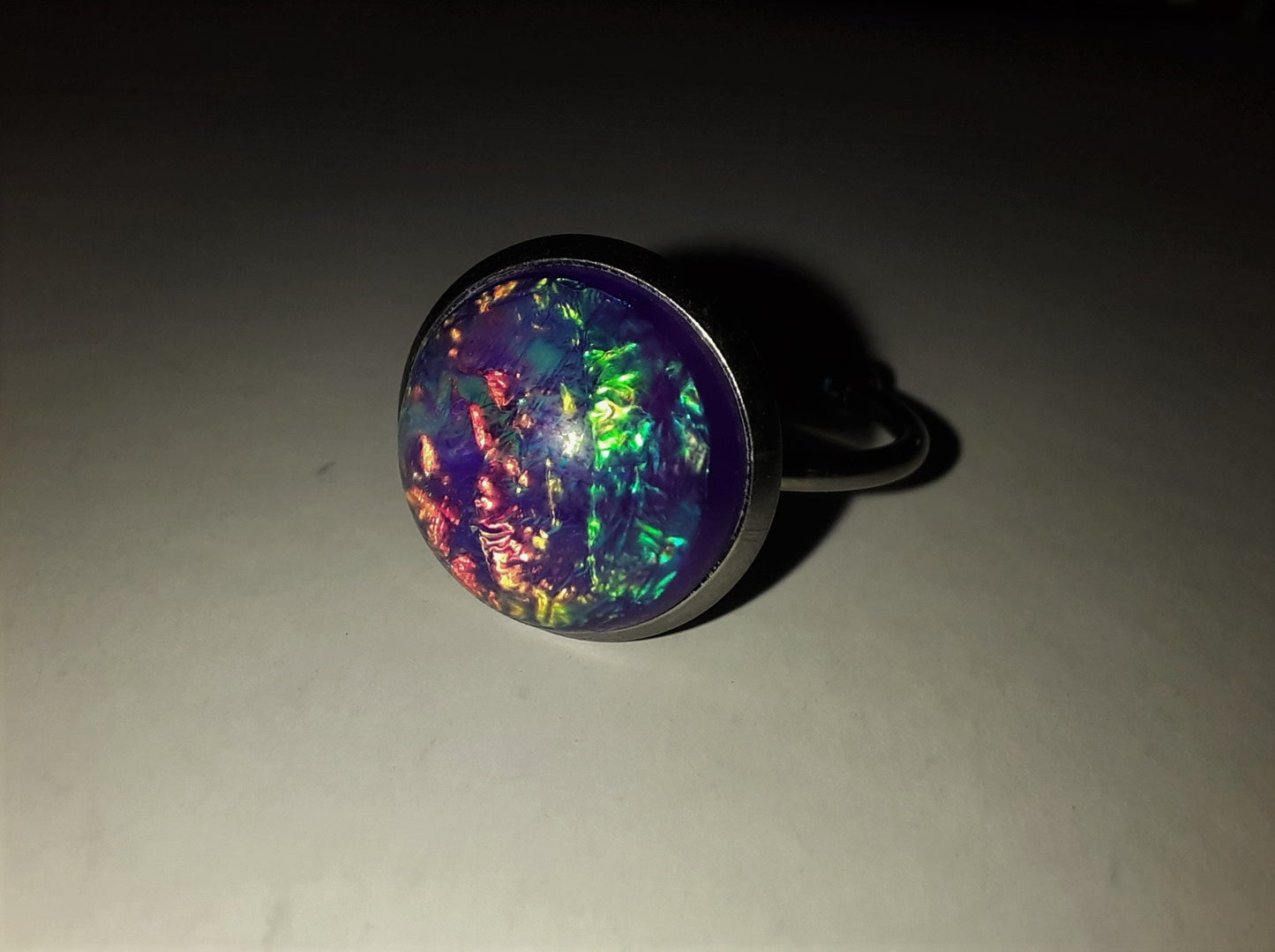 Handcrafted / Handmade Iridescent Purple Glass Cabochon Stone, Hypoallergenic Silver Stainless Steel Cuff Finger Ring, Size 7