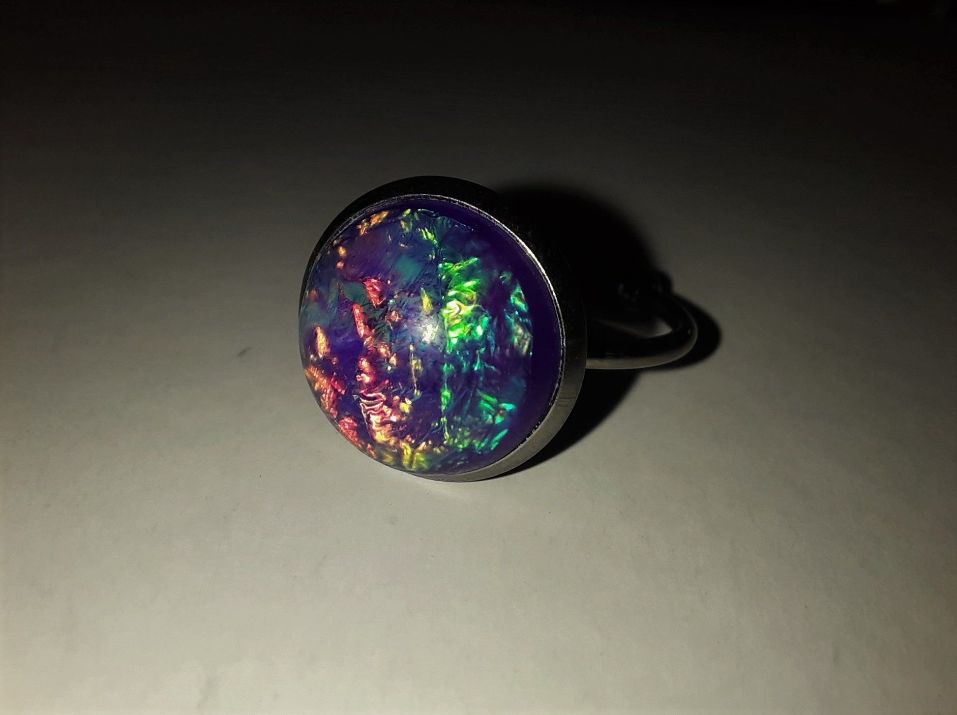 Handcrafted / Handmade Iridescent Purple Glass Cabochon Stone, Hypoallergenic Silver Stainless Steel Cuff Finger Ring, Size 7