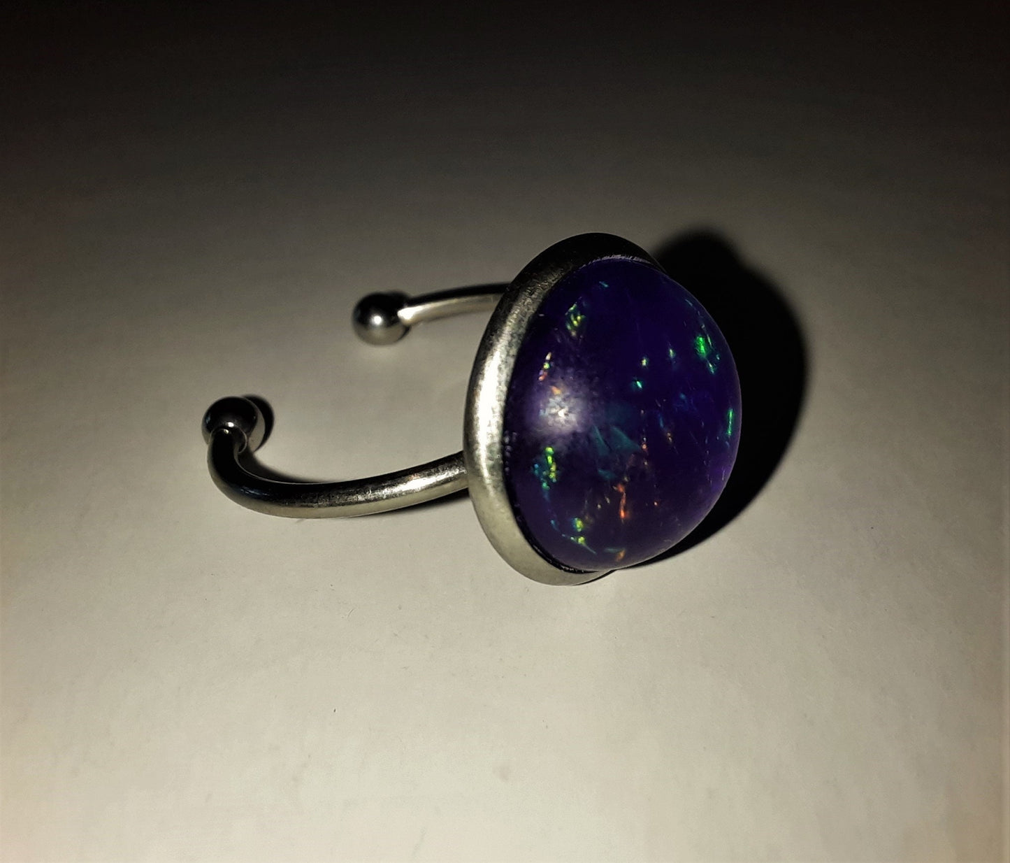 Handcrafted / Handmade Iridescent Purple Glass Cabochon Stone, Hypoallergenic Silver Stainless Steel Cuff Finger Ring, Size 7