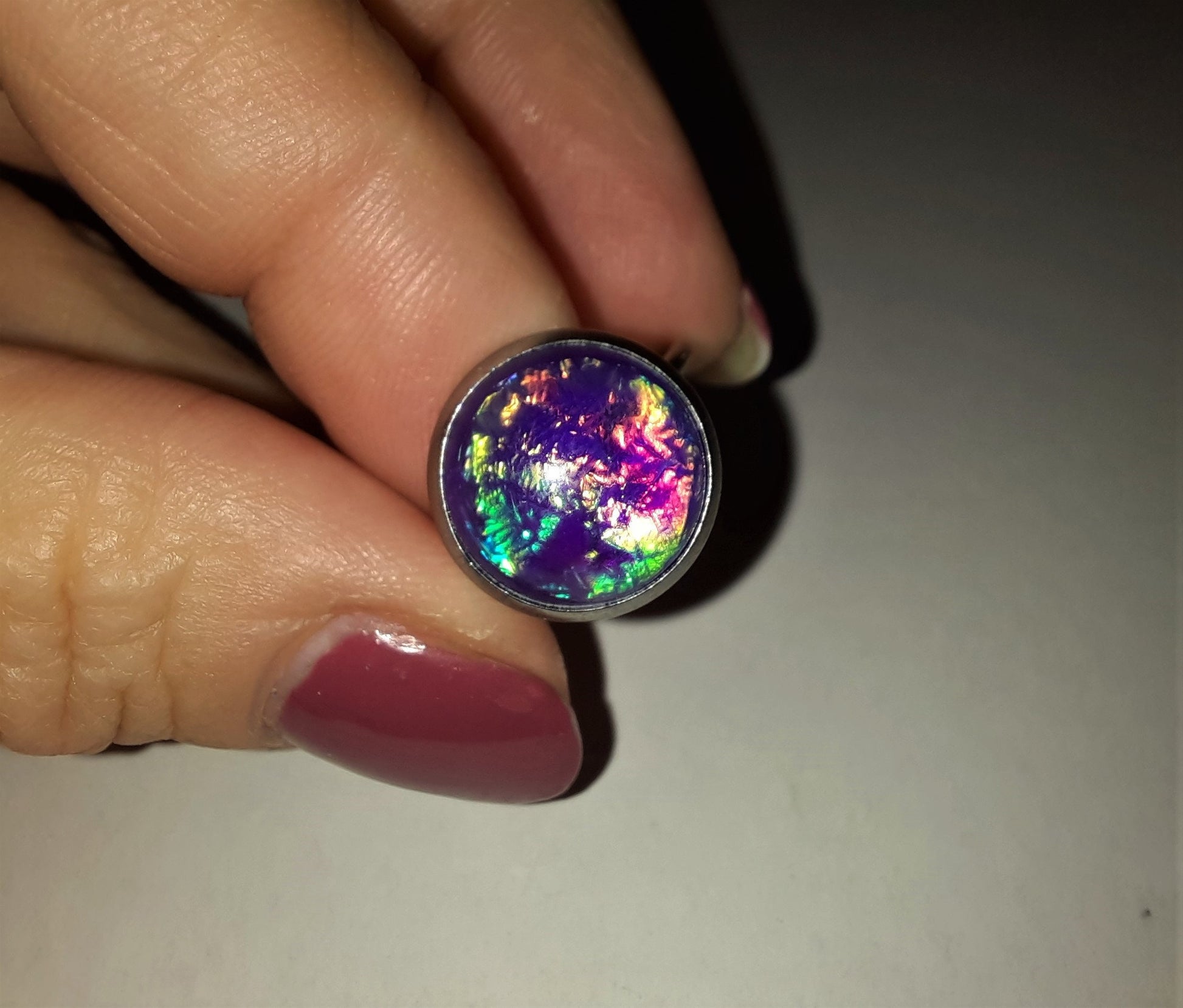 Handcrafted / Handmade Iridescent Purple Glass Cabochon Stone, Hypoallergenic Silver Stainless Steel Cuff Finger Ring, Size 7