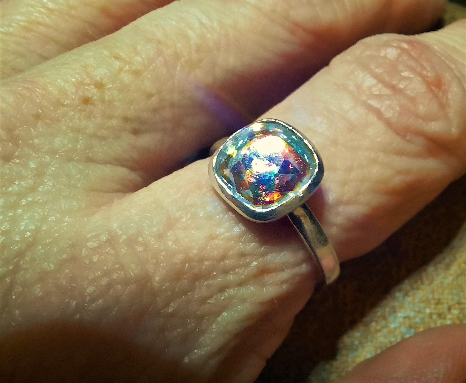 Handcrafted / Handmade Square Design 925 Sterling Silver Iridescent Multifaceted Aurora Borealis Ring, Domed w/ Holographic Infused Resin