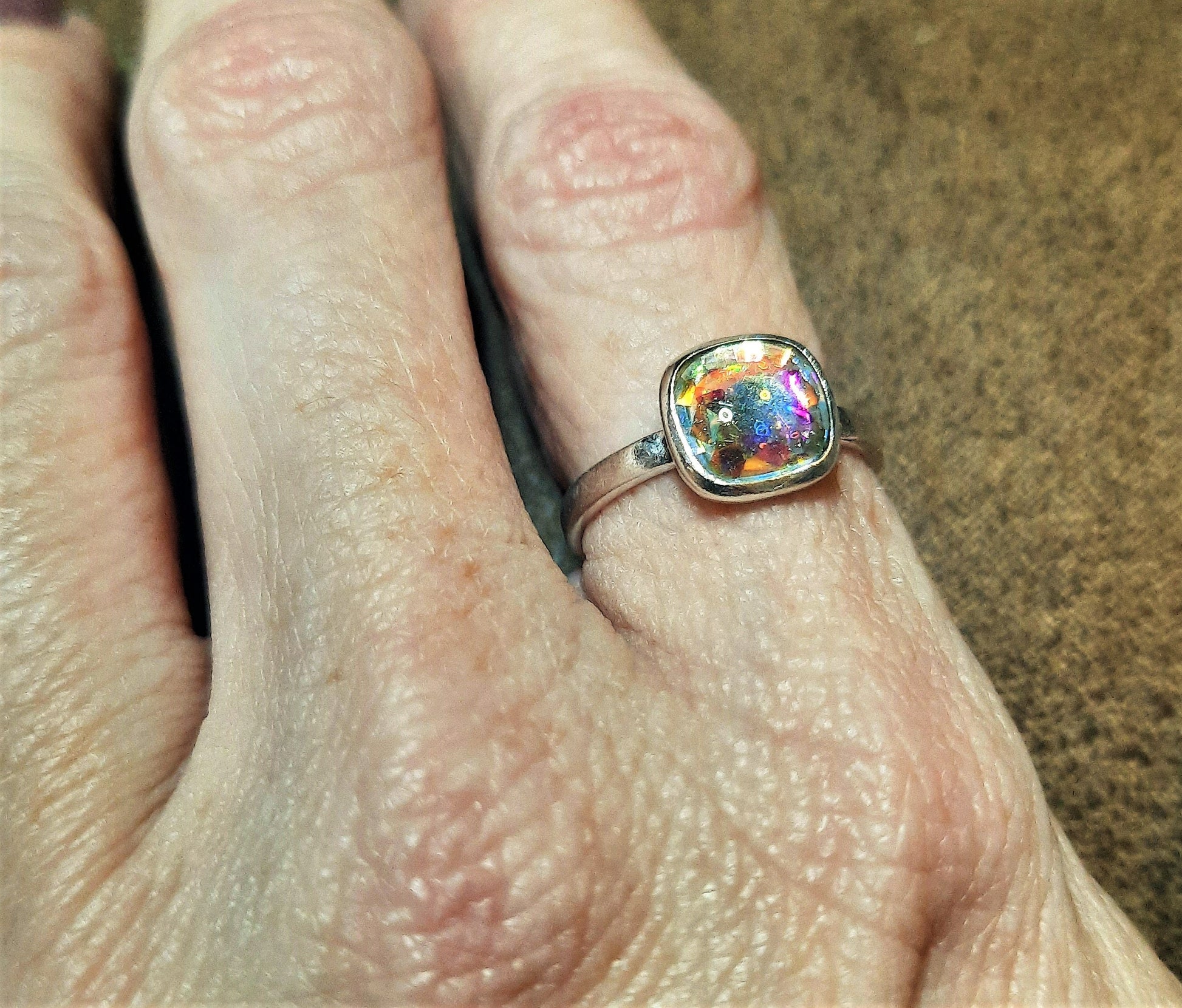 Handcrafted / Handmade Square Design 925 Sterling Silver Iridescent Multifaceted Aurora Borealis Ring, Domed w/ Holographic Infused Resin