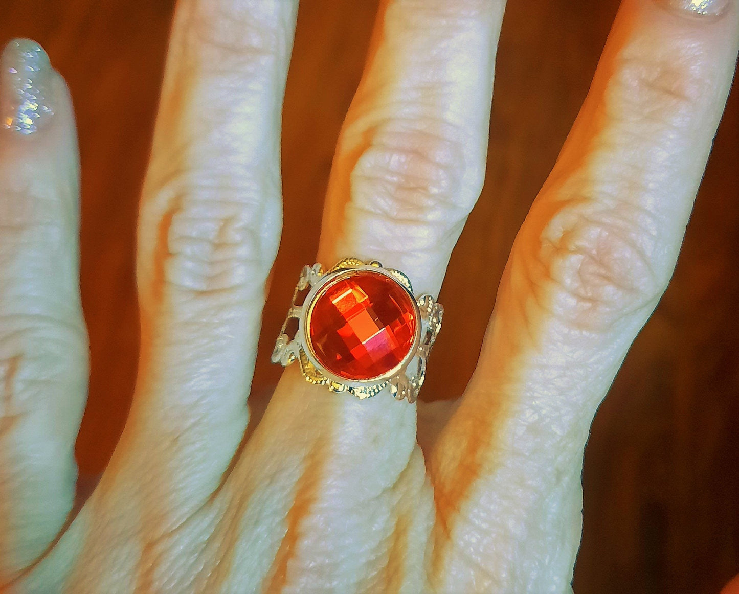 Silver Coated Brass Adjustable Filigree Ring with Colored Multifaceted Glass Setting