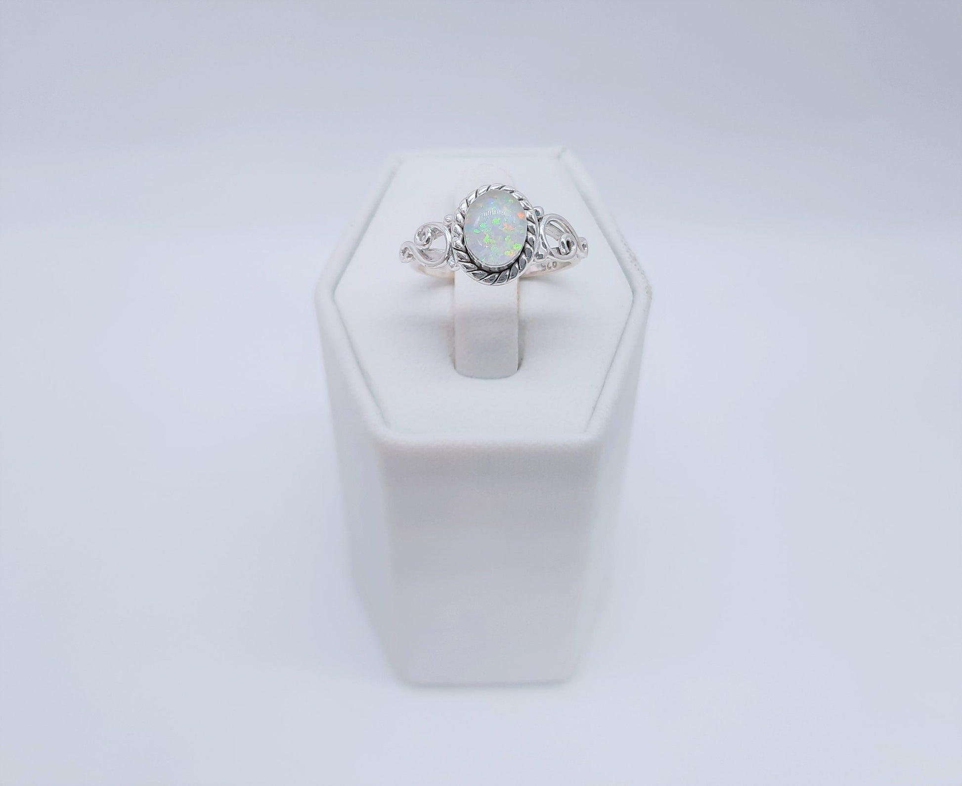 Handcrafted / Handmade Antiqued 925 Sterling Silver Ring, Genuine White Opal Setting, Domed with Holographic Resin