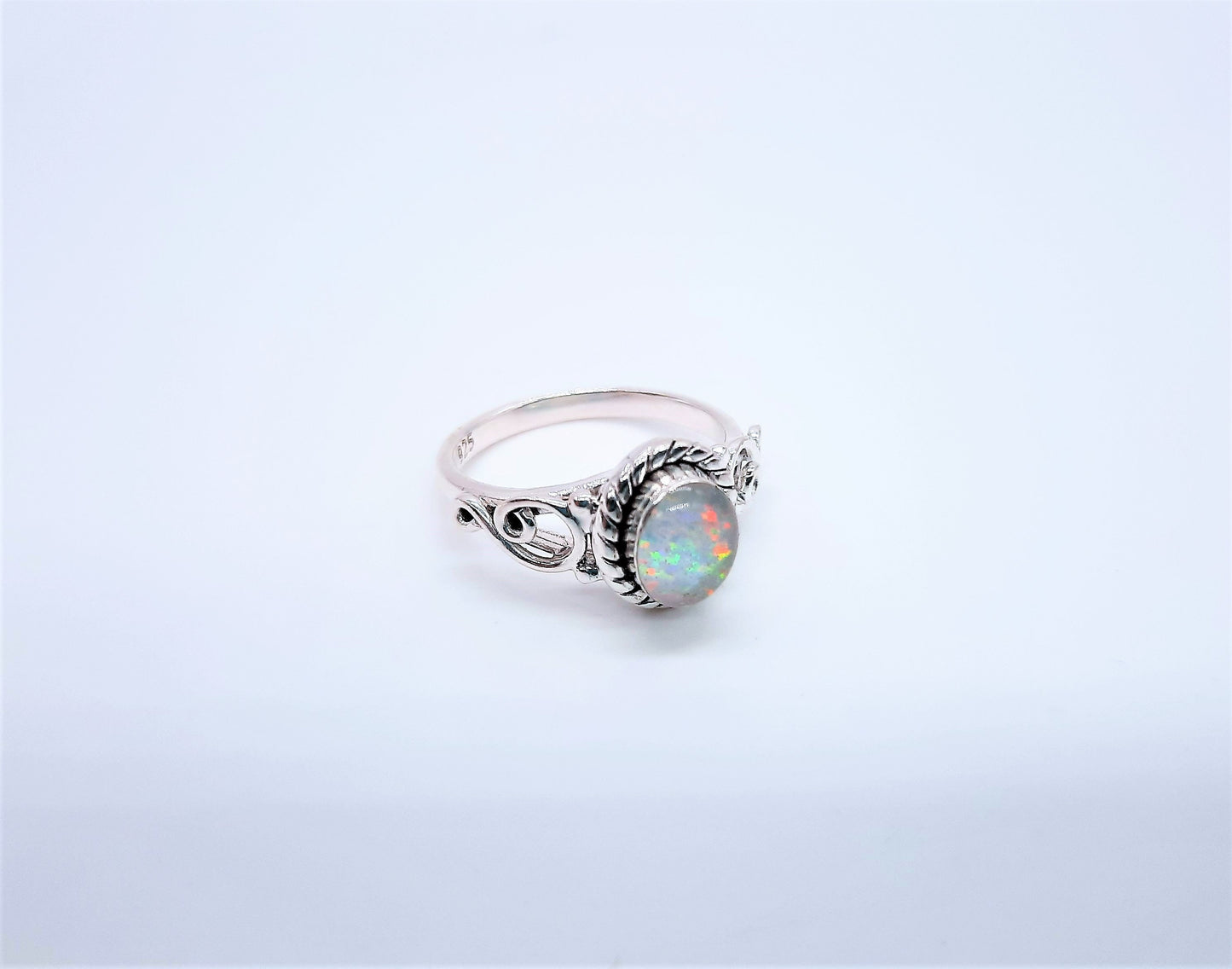 Handcrafted / Handmade Antiqued 925 Sterling Silver Ring, Genuine White Opal Setting, Domed with Holographic Resin