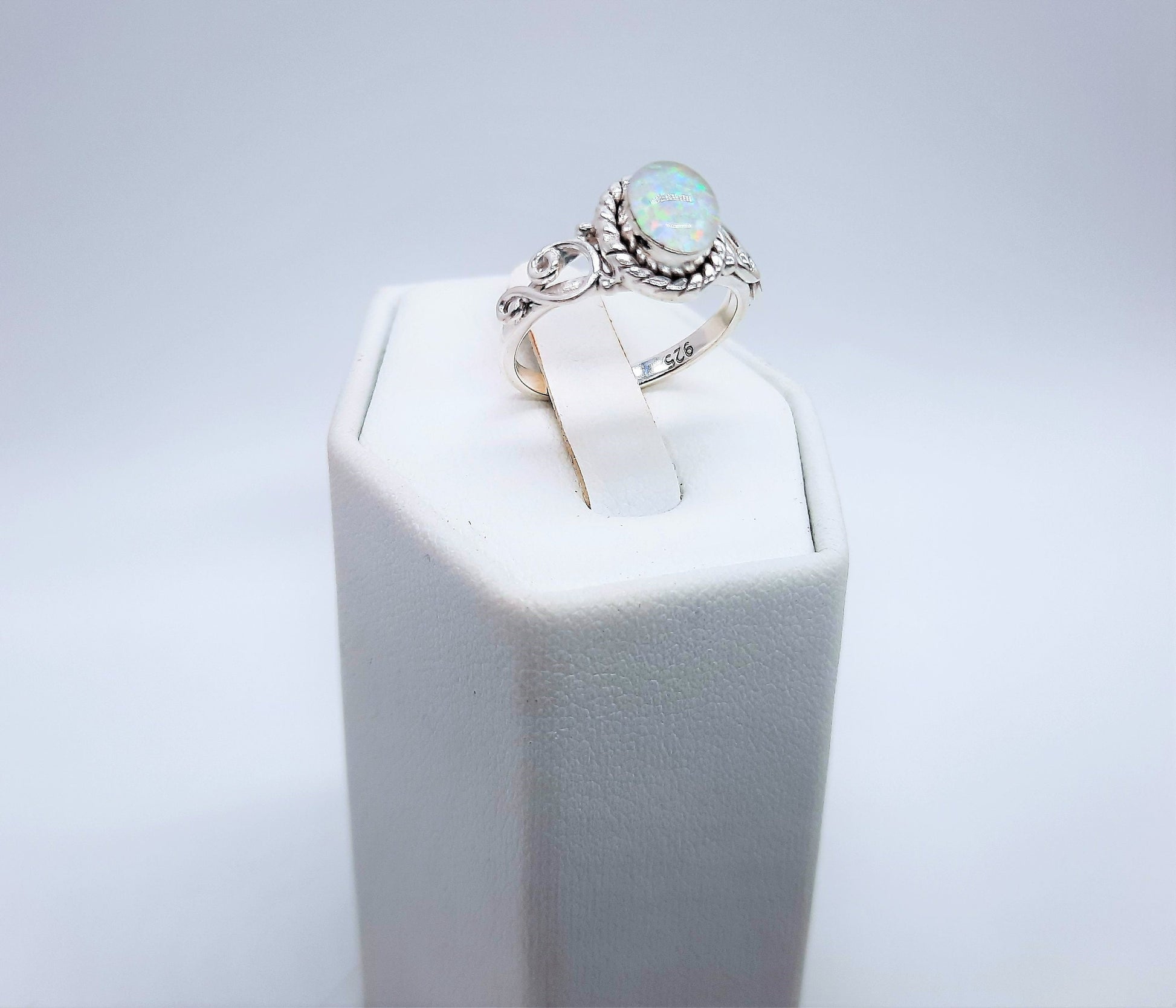 Handcrafted / Handmade Antiqued 925 Sterling Silver Ring, Genuine White Opal Setting, Domed with Holographic Resin