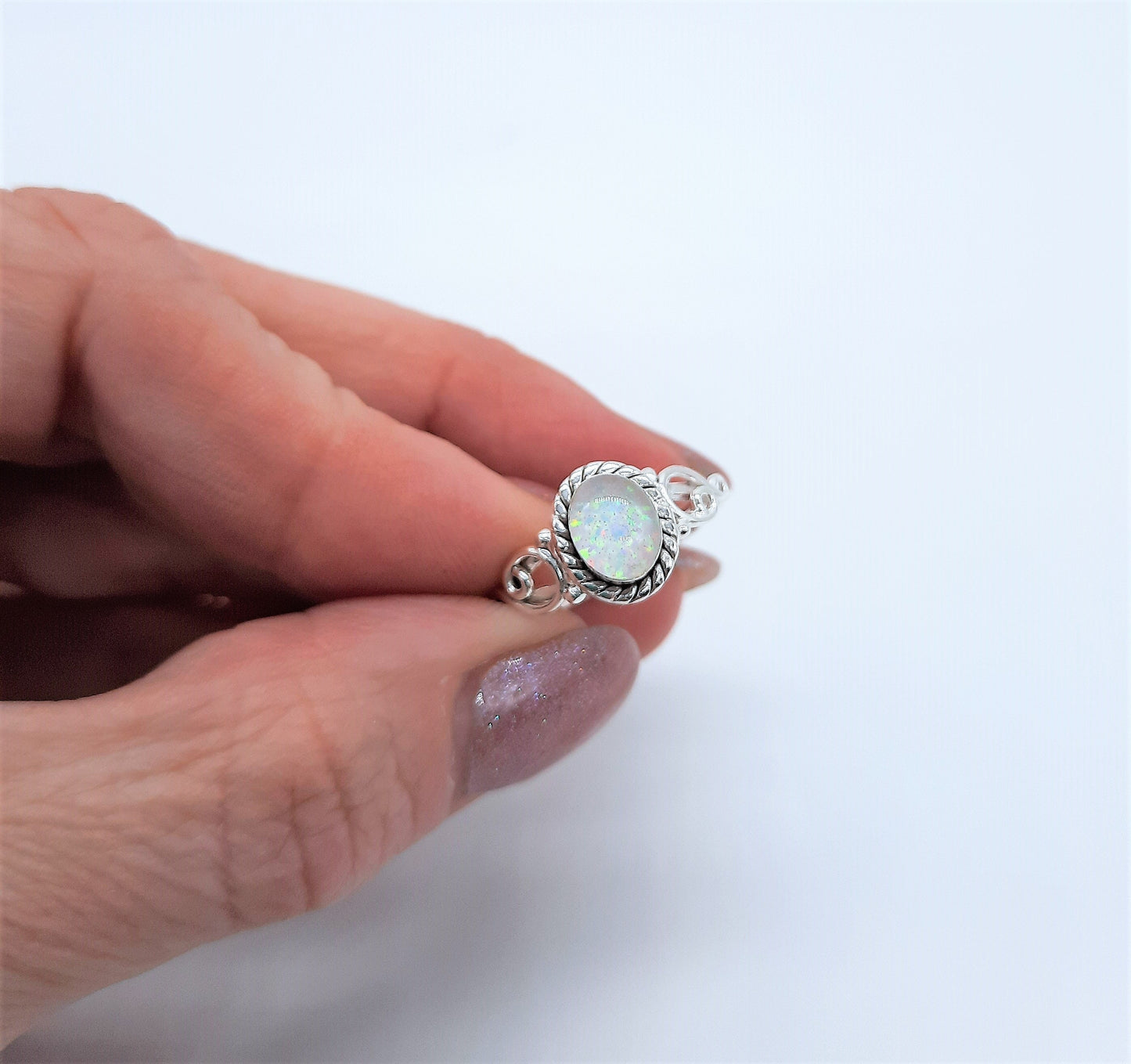 Handcrafted / Handmade Antiqued 925 Sterling Silver Ring, Genuine White Opal Setting, Domed with Holographic Resin