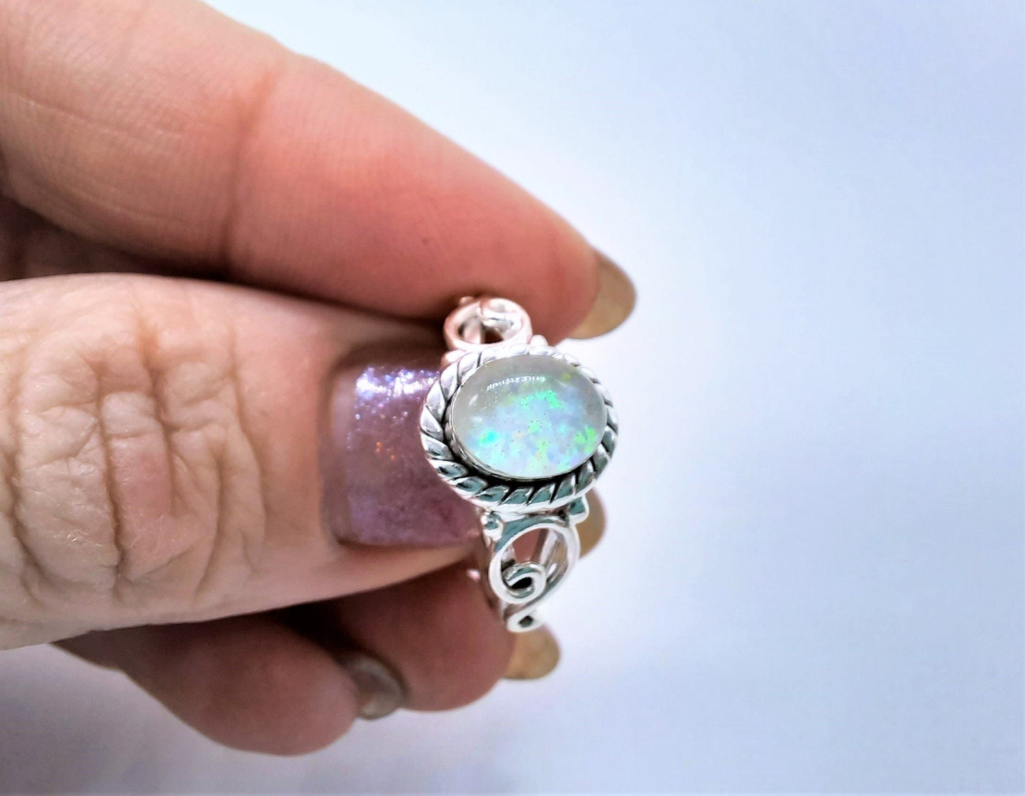 Handcrafted / Handmade Antiqued 925 Sterling Silver Ring, Genuine White Opal Setting, Domed with Holographic Resin