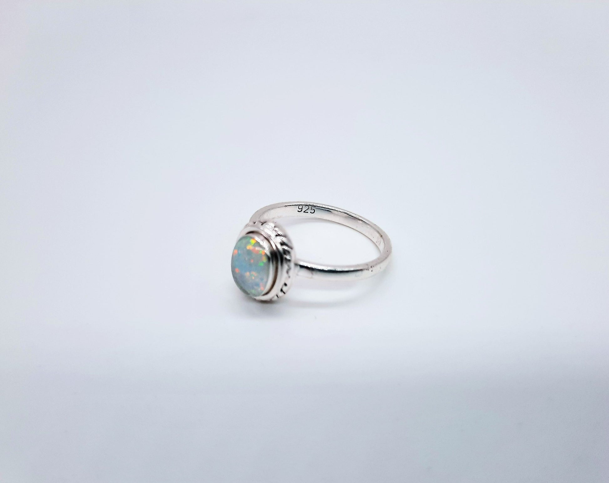 Handcrafted / Handmade Antiqued 925 Sterling Silver Ring, Twisted Rope Design, Genuine White Fire Opal Setting, Domed with Holographic Resin
