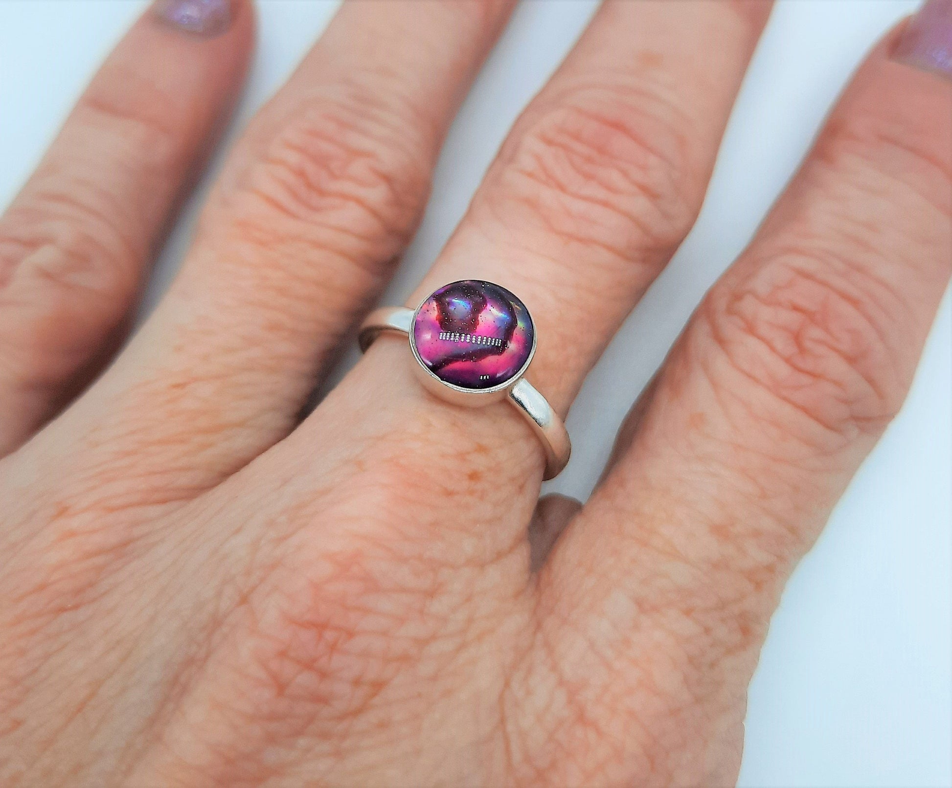 Handmade / Handcrafted 925 Sterling Silver Natural Pink Abalone / Paua Seashell Ring, Sealed with Holographic Mica Infused Resin