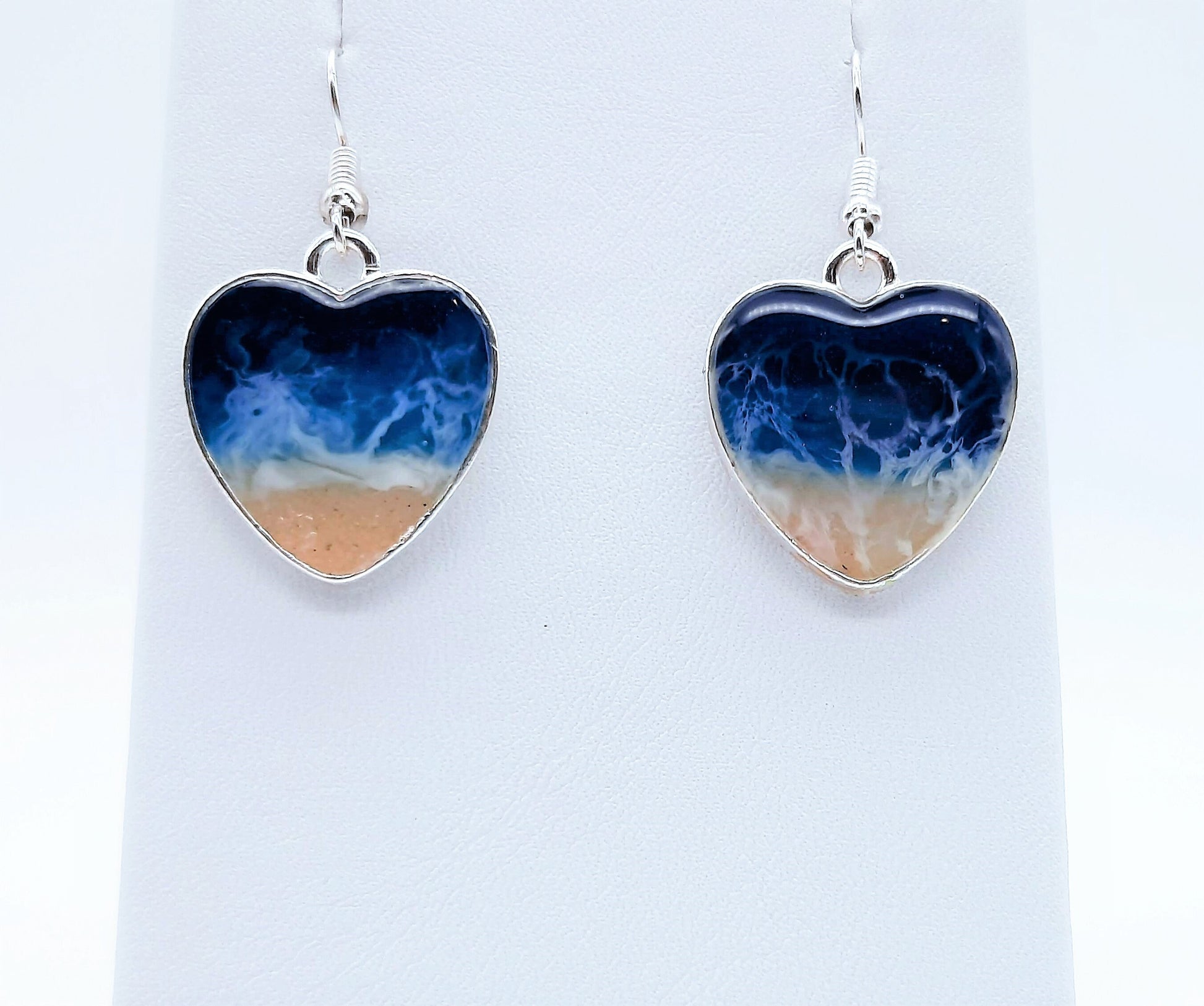 Real Sand Resin Waves Earrings/Heart Shaped/Ocean Beach Scene/Seascape Earrings/Made w/ Sand, Resin, Mica, & Hypoallergenic Stainless Steel