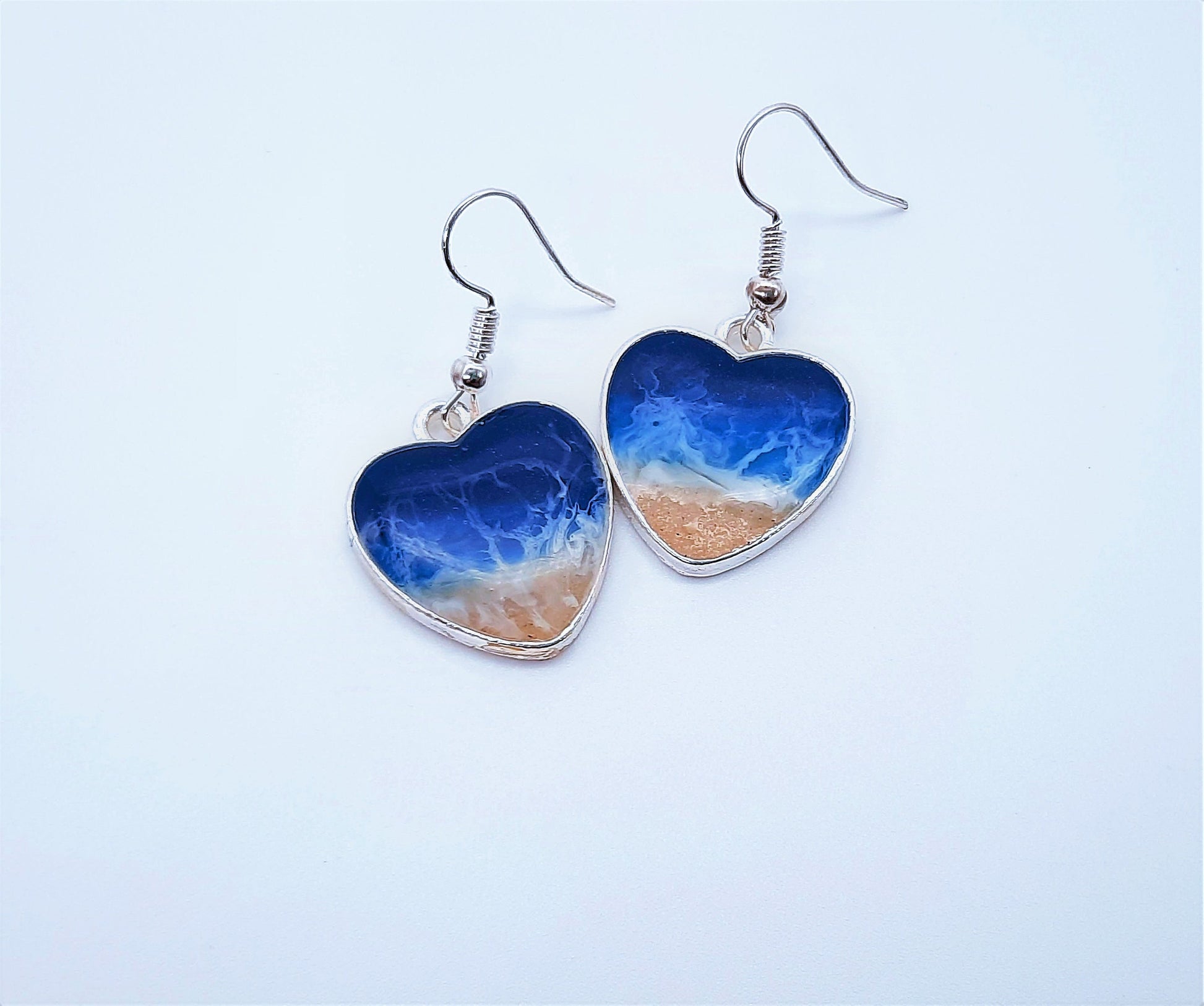 Resin Waves / Heart Shaped Ocean Earring and Necklace Set / Beach Scene / Made with Sand, Resin, Mica, & Hypoallergenic Stainless Steel