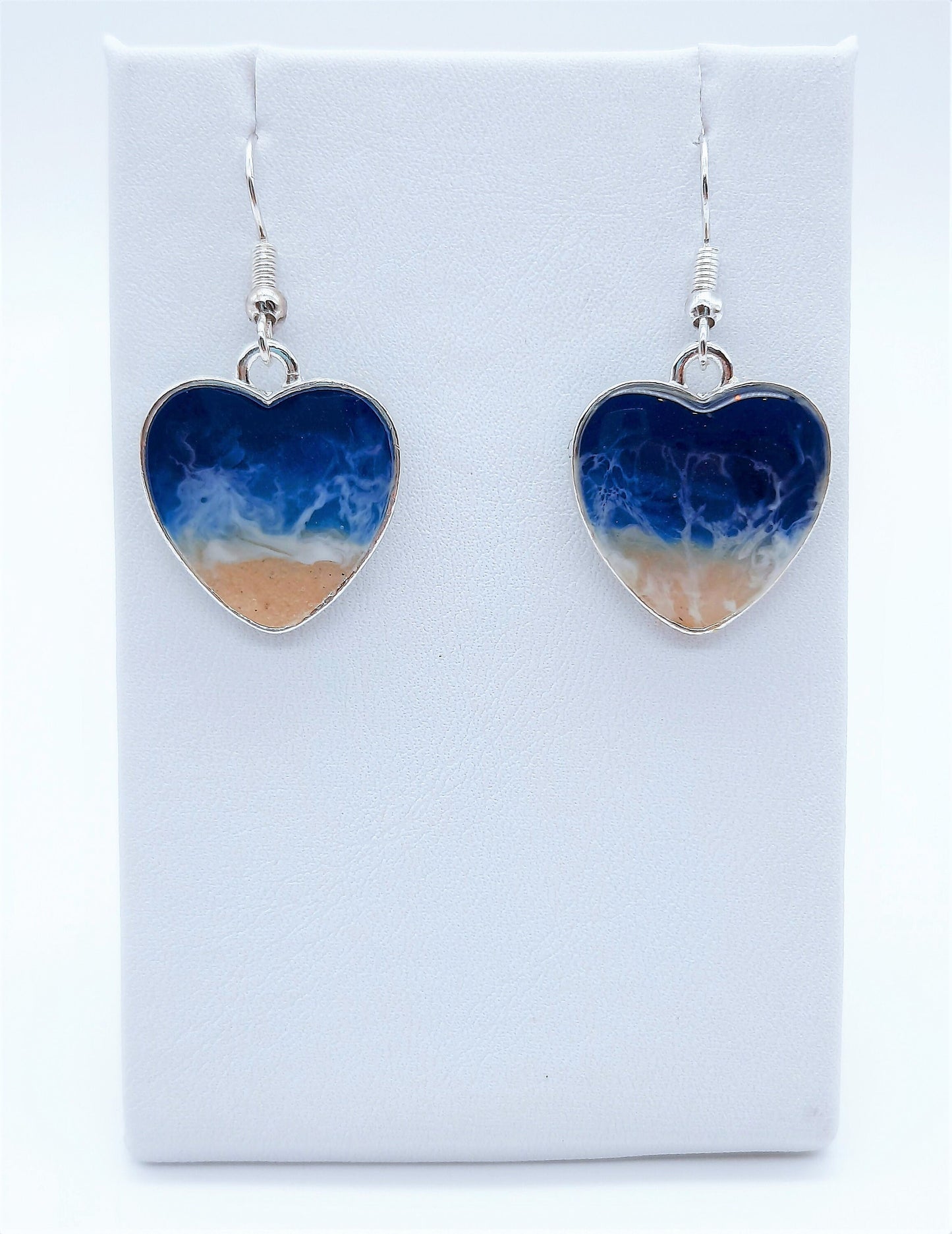 Real Sand Resin Waves Earrings/Heart Shaped/Ocean Beach Scene/Seascape Earrings/Made w/ Sand, Resin, Mica, & Hypoallergenic Stainless Steel