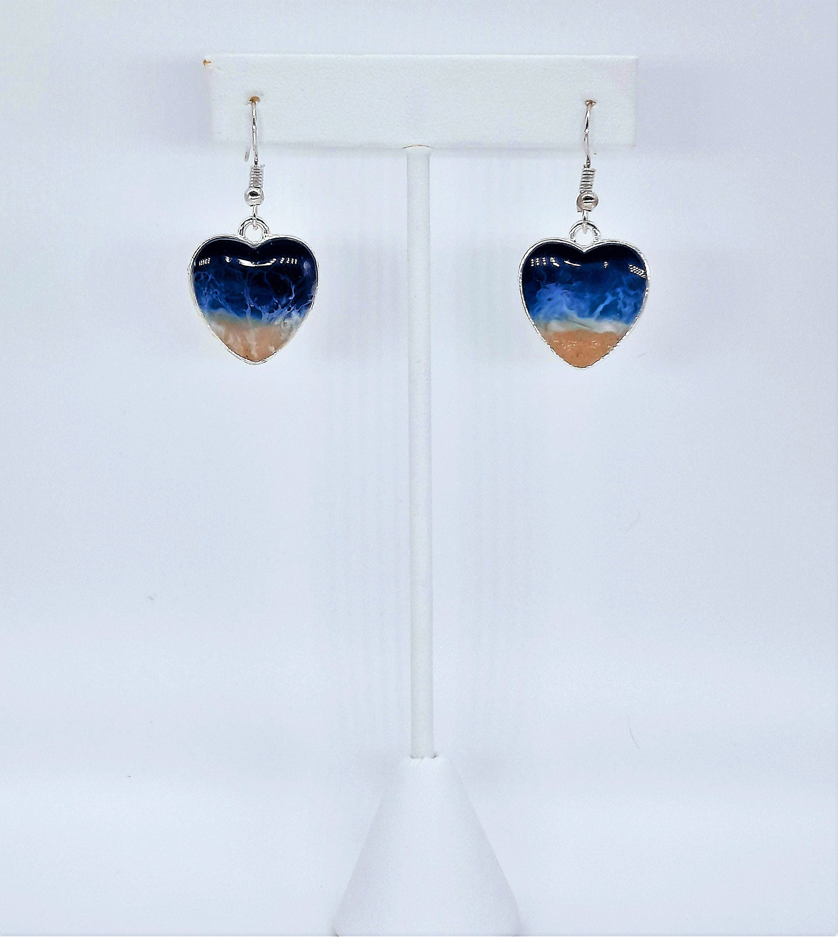 Earrings with heart inspired by the hot sea and marine life, 100% handmade resin jewelry