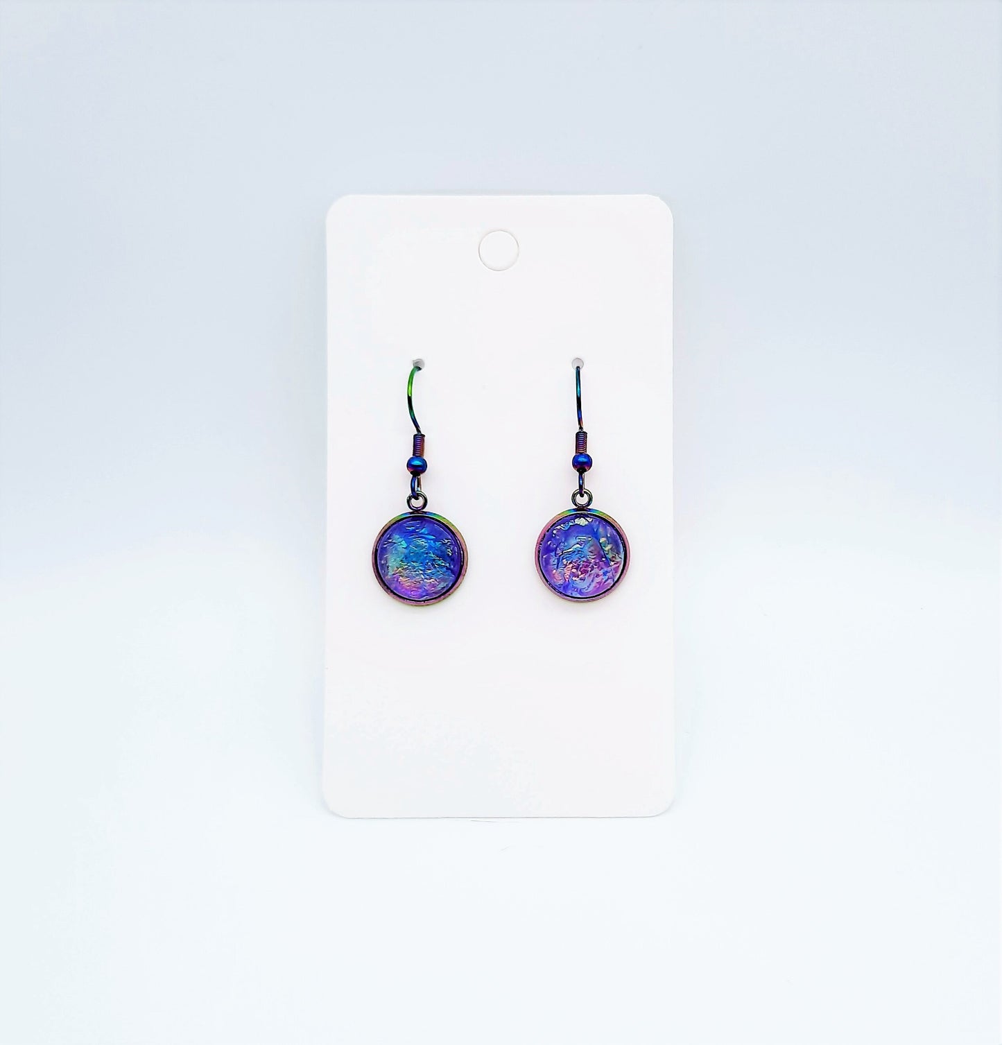 Handcrafted Purple Iridescent Resin Earrings / Made with Hypoallergenic Rainbow Chromium Stainless Steel Ear Wire Fish Hooks