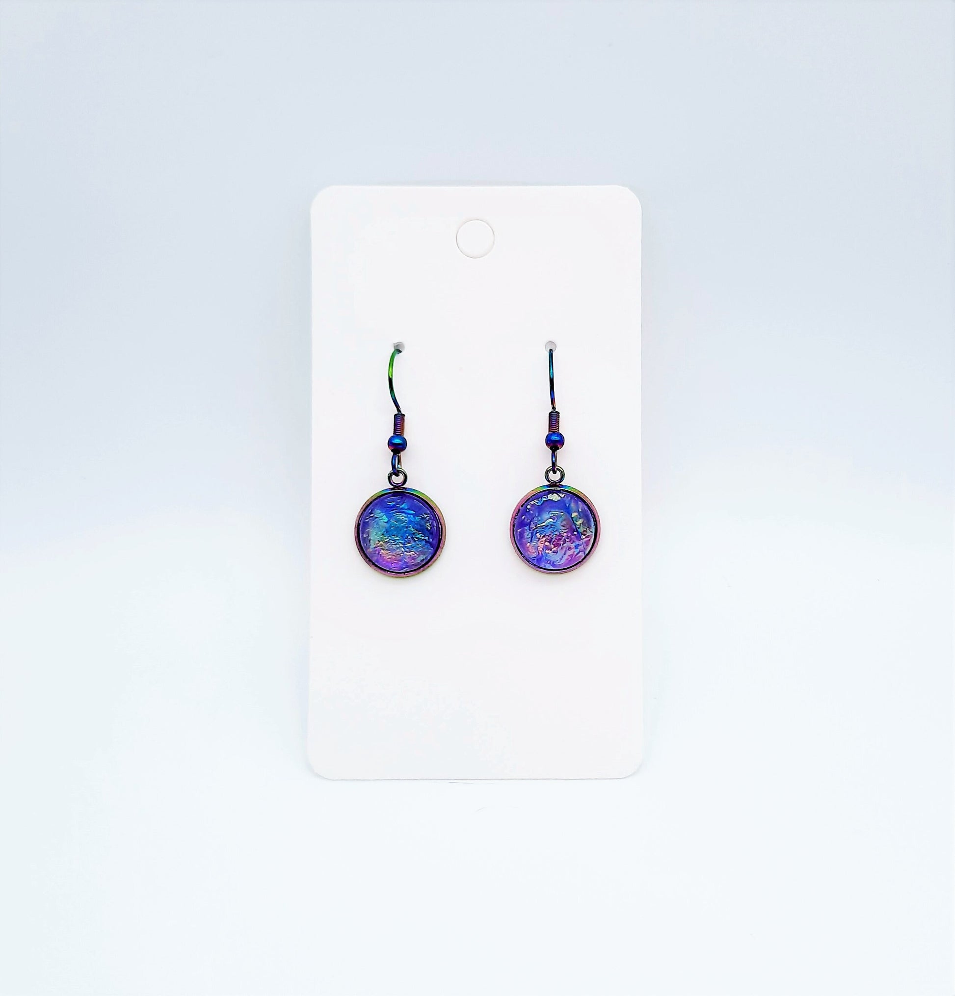 Handcrafted Purple Iridescent Resin Earrings / Made with Hypoallergenic Rainbow Chromium Stainless Steel Ear Wire Fish Hooks