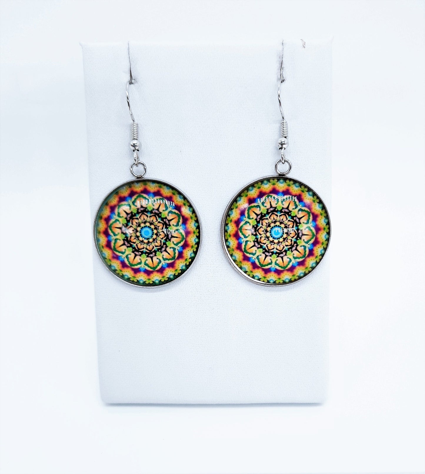 Handcrafted Rainbow Mandala Pattern Design - Glass Cabochon Stainless Steel Dangle Earrings - Hypoallergenic