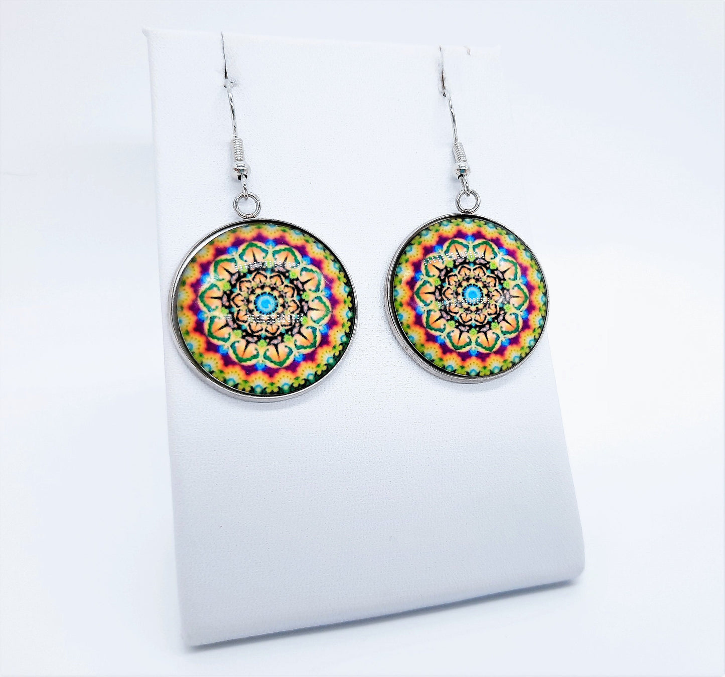 Handcrafted Rainbow Mandala Pattern Design - Glass Cabochon Stainless Steel Dangle Earrings - Hypoallergenic