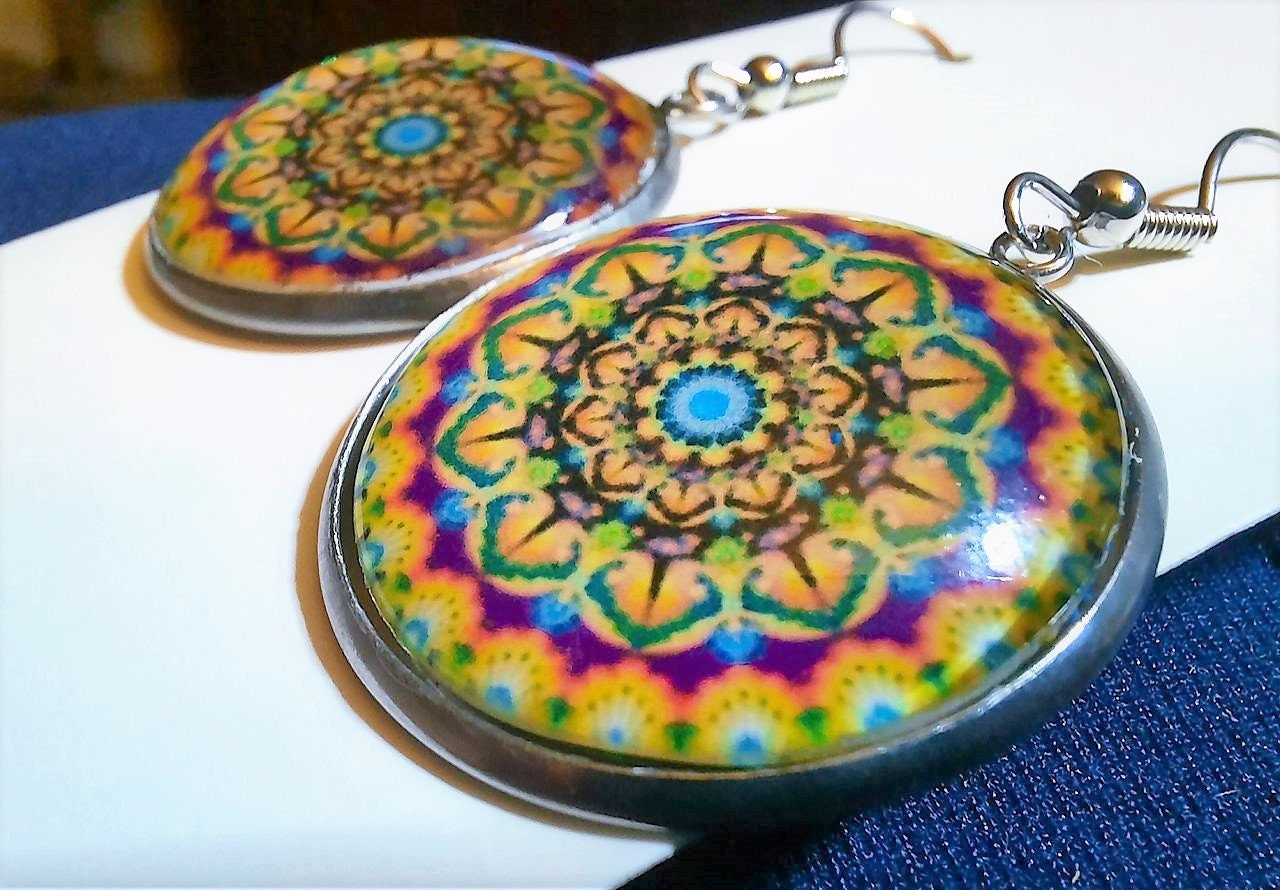 Handcrafted Rainbow Mandala Pattern Design - Glass Cabochon Stainless Steel Dangle Earrings - Hypoallergenic