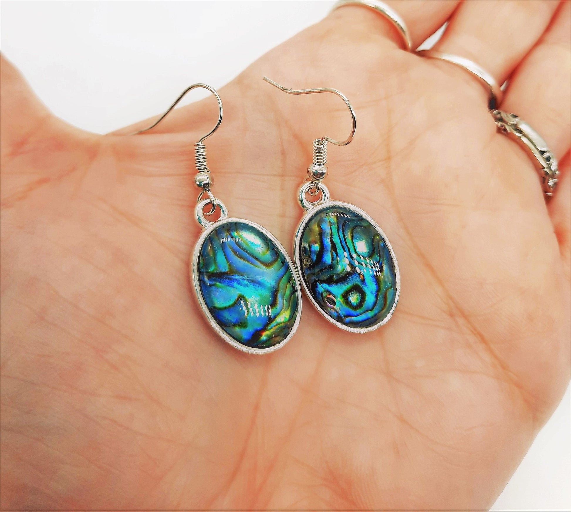 Handmade / Handcrafted Oval Shaped Natural Blue Abalone / Paua Seashell Earrings, Sealed w/ Holographic Mica Infused Resin, Stainless Steel